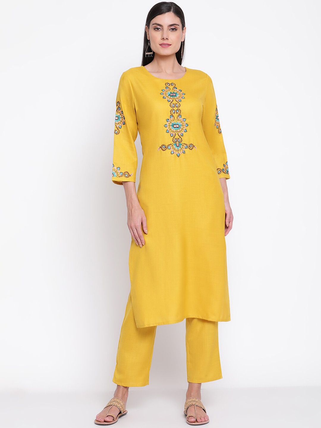 

Be Indi Women Ethnic Motifs Embroidered Straight Kurta with Trousers Set, Mustard