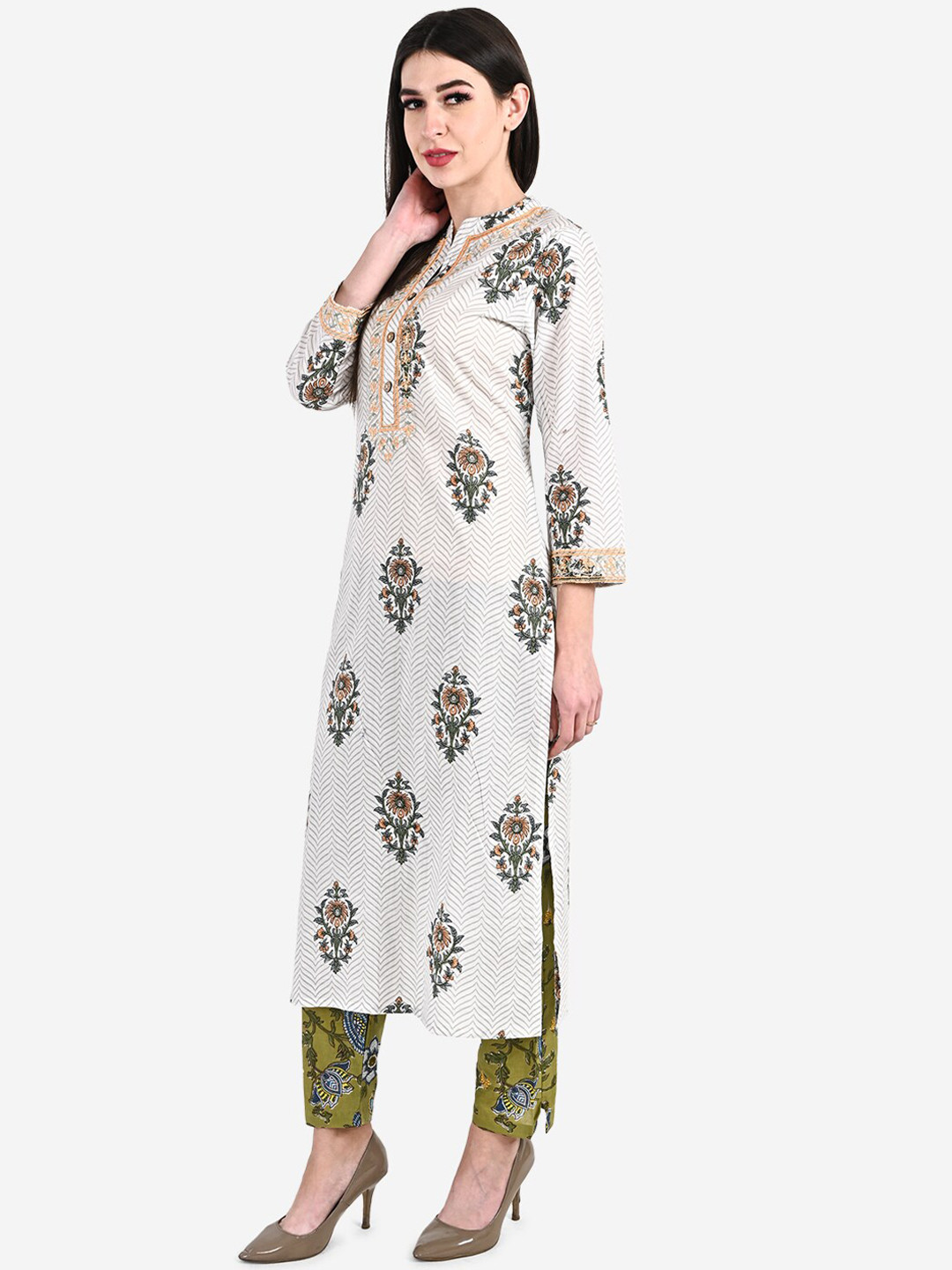 

Be Indi Floral Foil Print Mandarin Collar Kurta With Trousers & Dupatta, White