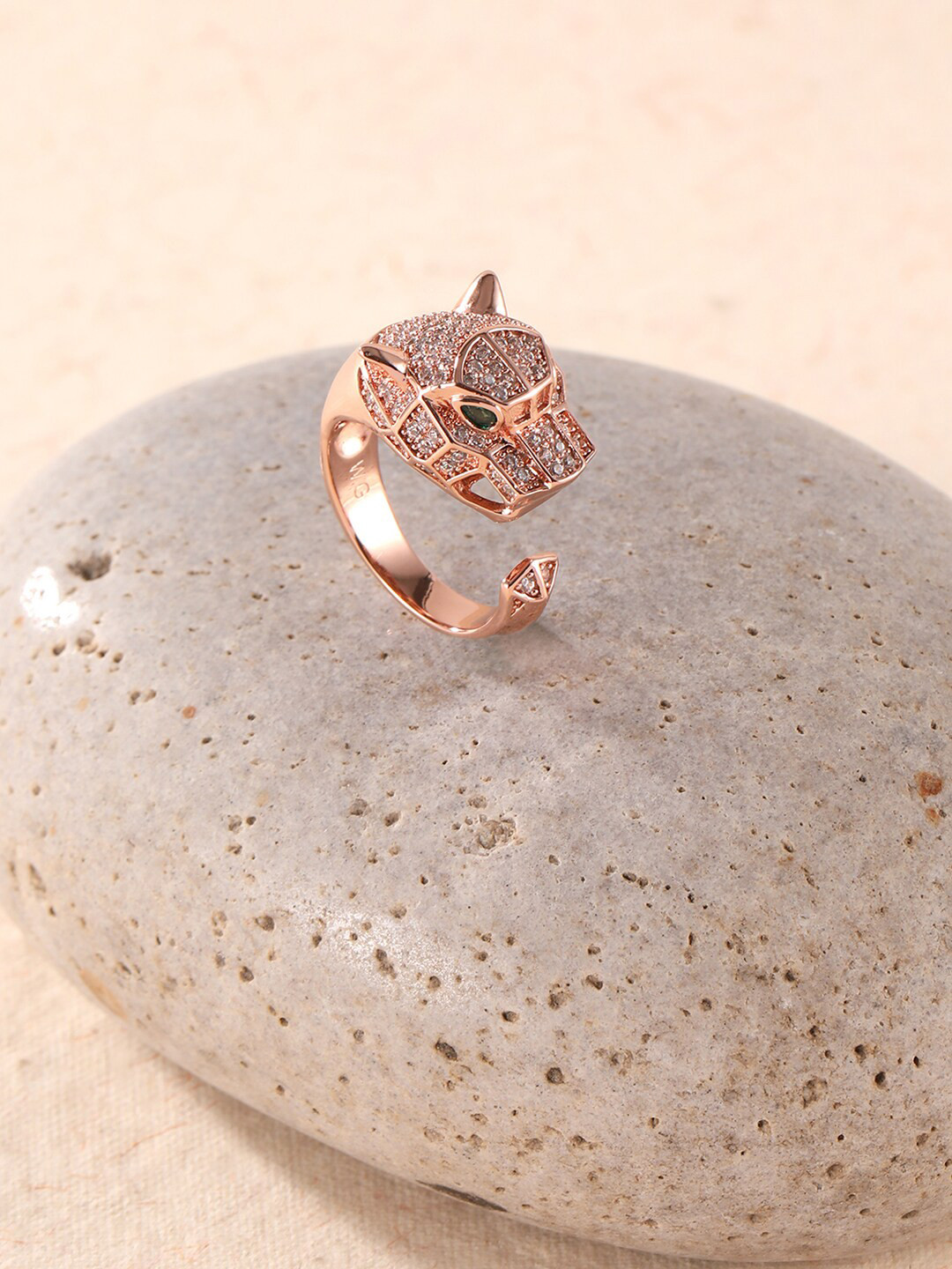 

XPNSV Rose Gold-Plated CZ-Studded Adjustable Finger Ring