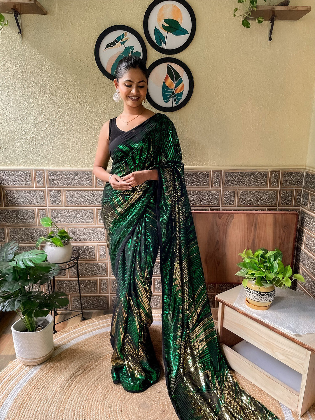 

Mitera Sequin Embellished Saree, Green