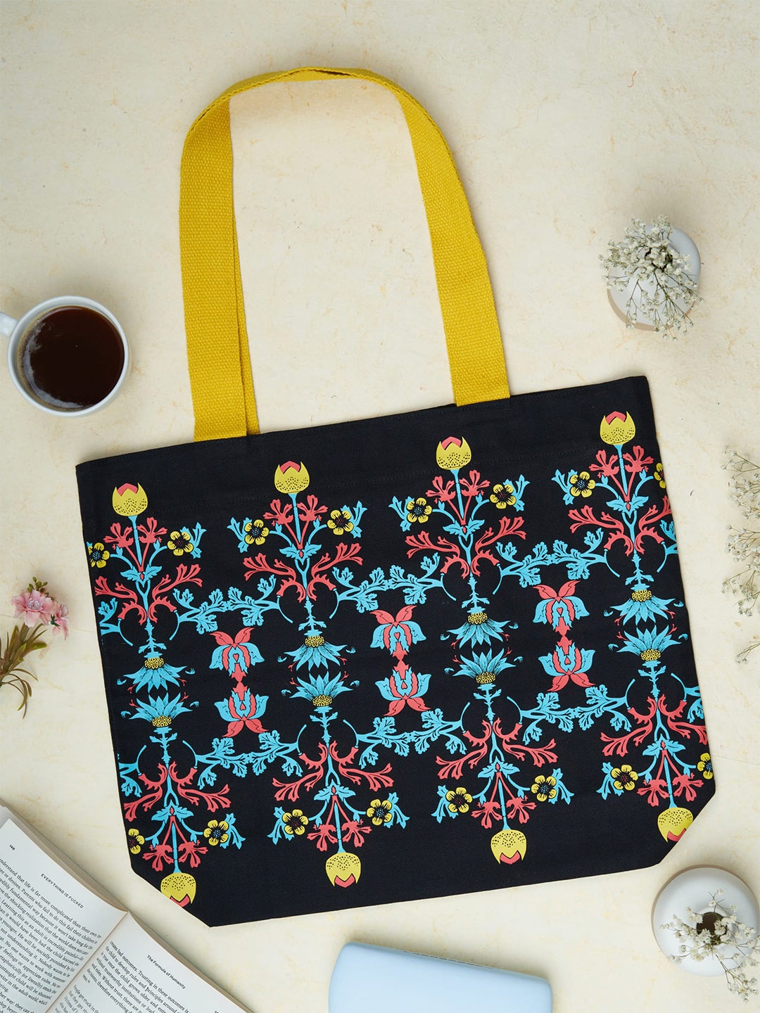 

Doodle Floral Printed Shopper Organic Cotton Tote Bag, Black