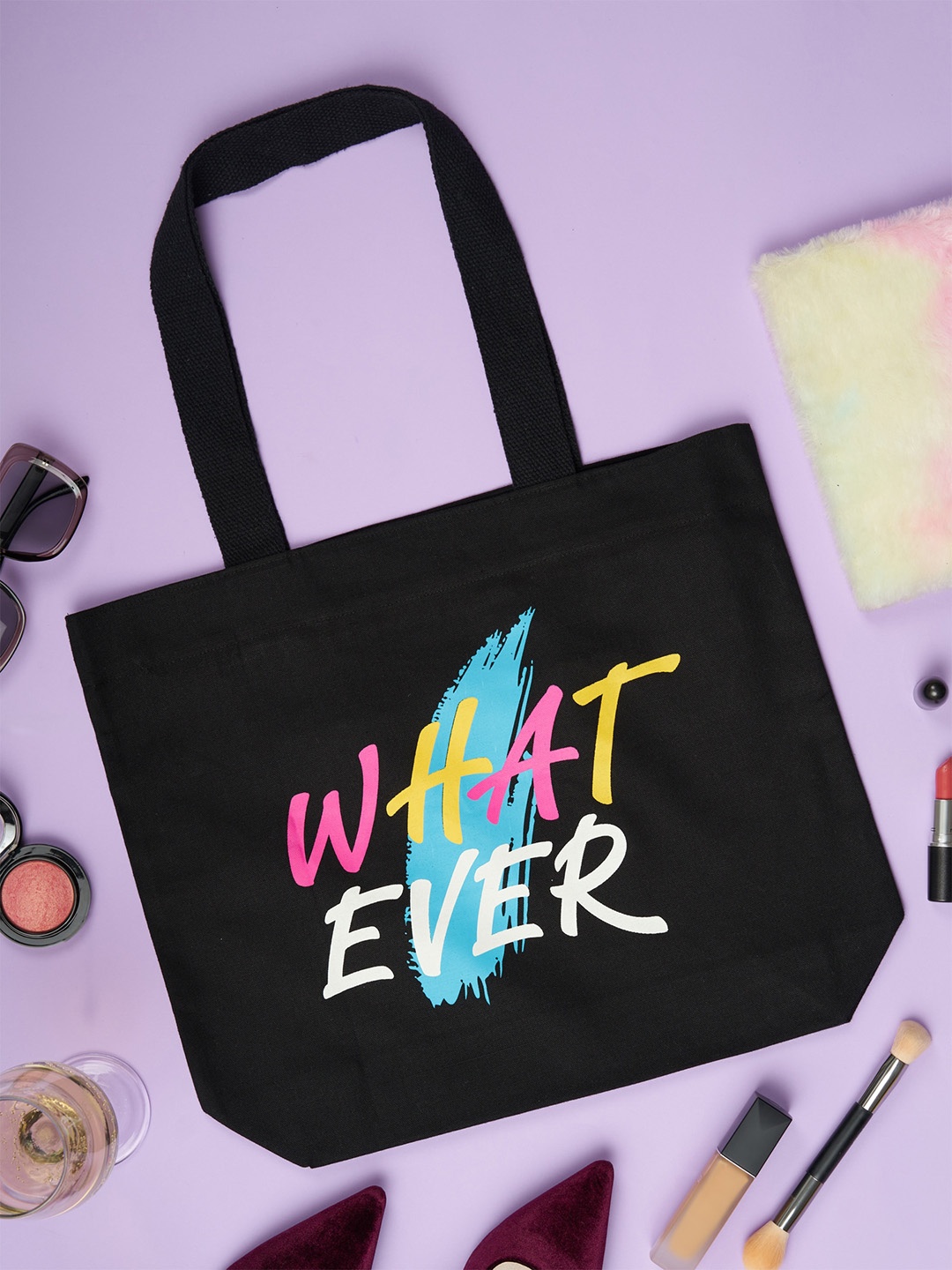 

Doodle Typography Printed Shopper Cotton Tote Bag, Black
