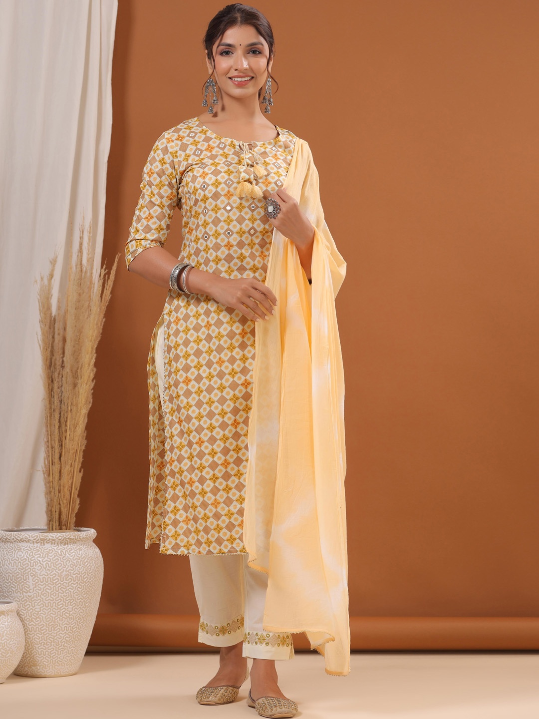 

Readiprint Ethnic Motifs Printed Pure Cotton Kurta with Trousers & With Dupatta, Orange