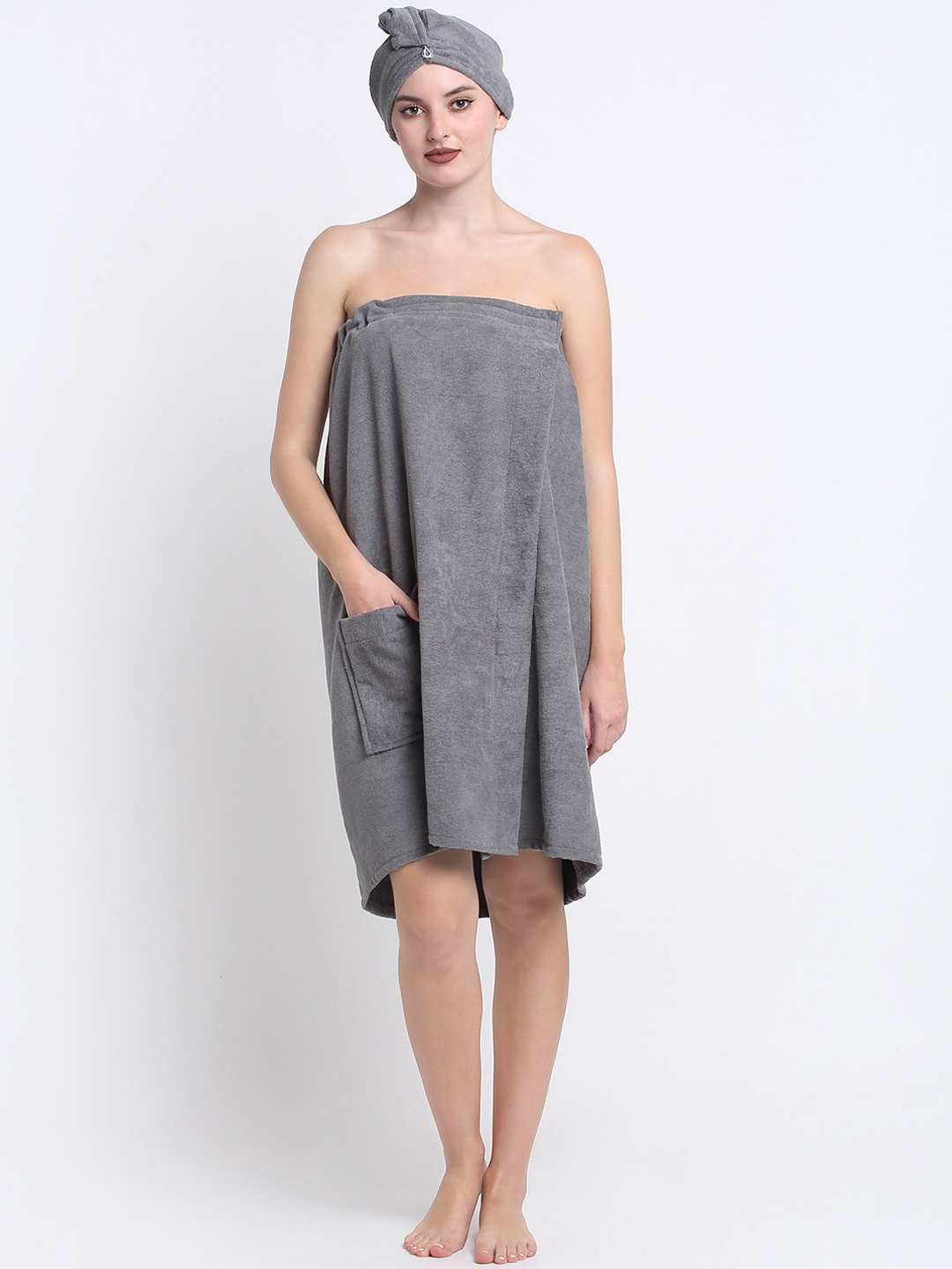 

Creeva Women Charcoal Self-Designed 380 GSM Pure Cotton Bath Towel With Hair Wrap Towel
