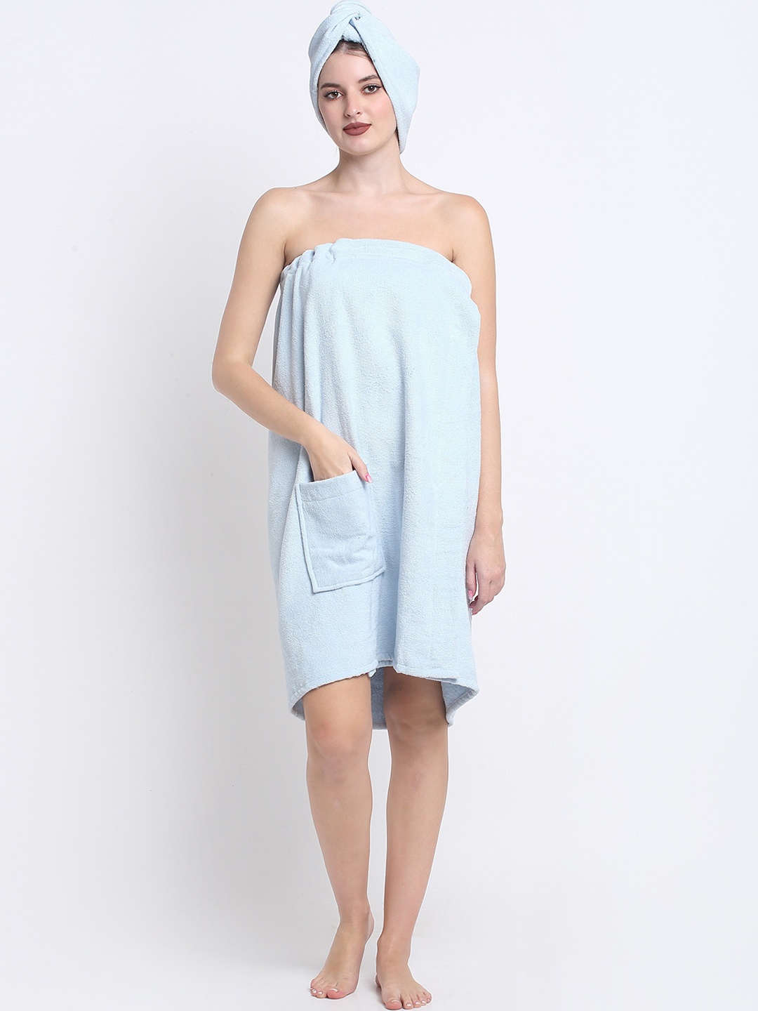 Creeva Luxury Women Blue 2 Pcs 380 GSM Pure Cotton Bath Wrap Towel With Hair Wrap Towel