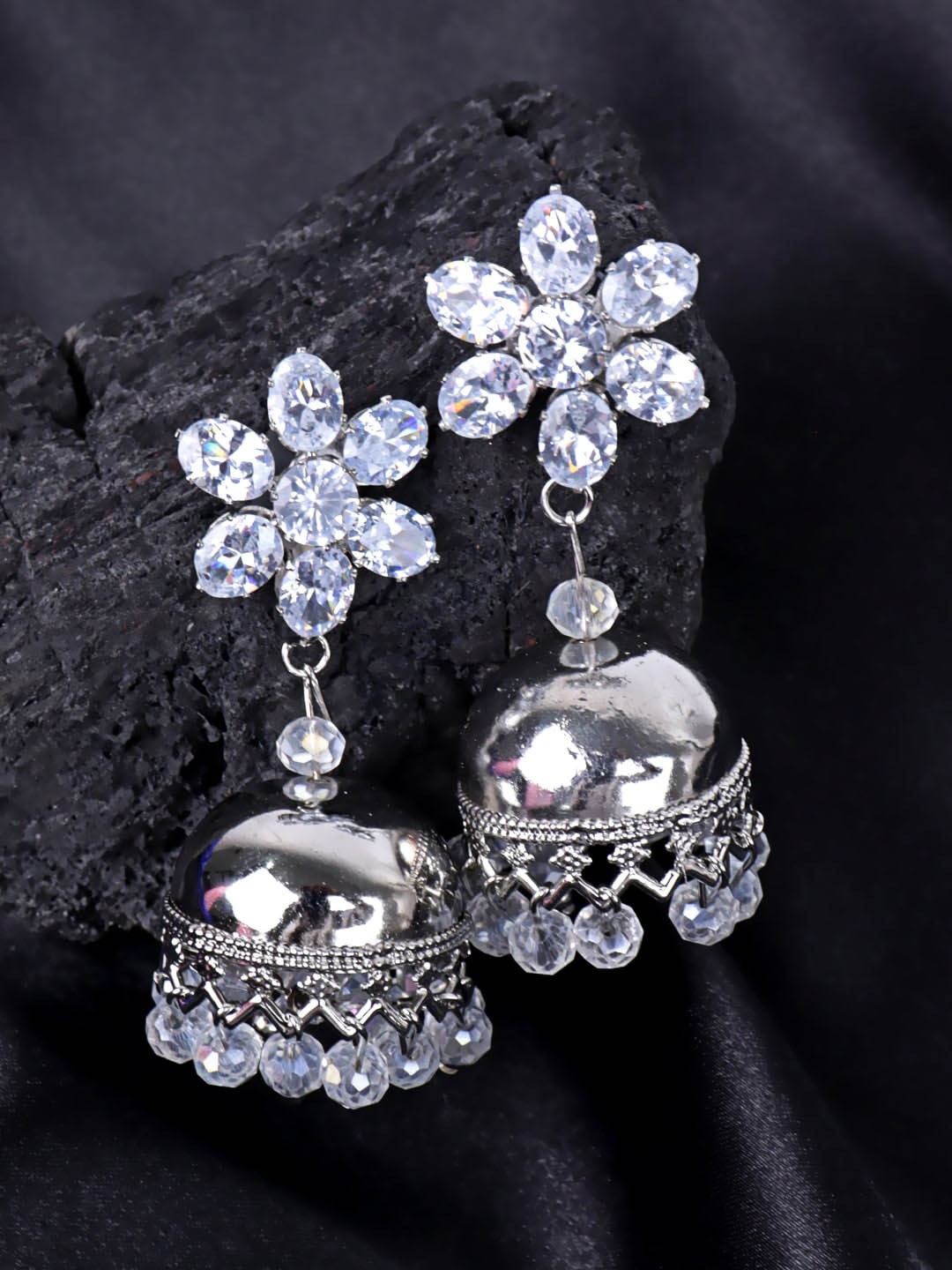 

VAGHBHATT Silver Plated Floral Jhumkas, White
