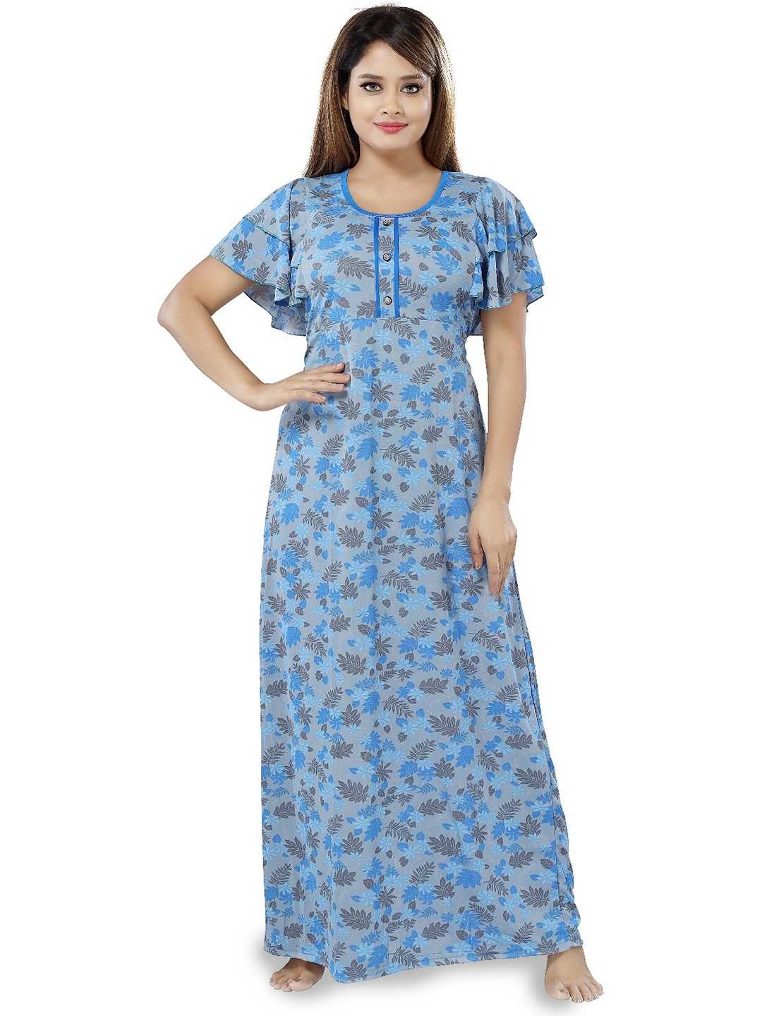 

SHOPPING STATION Floral Printed V-Neck Satin Nightdress, Blue