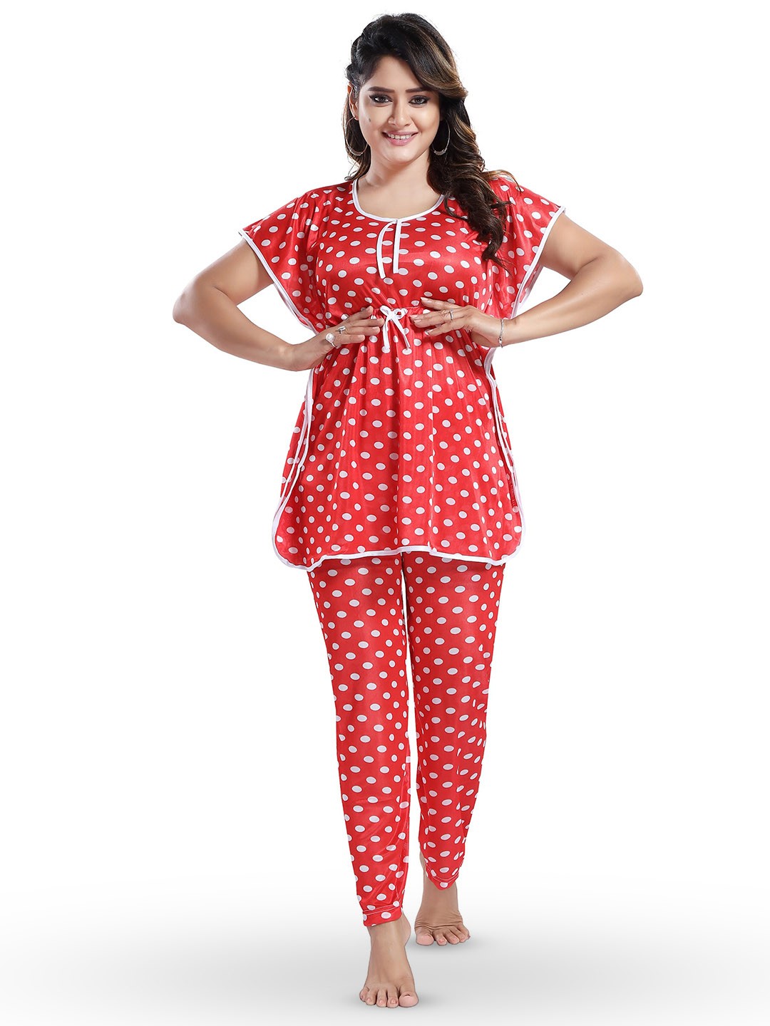 

SHOPPING STATION Polka Dots Printed Satin Night Suit, Red