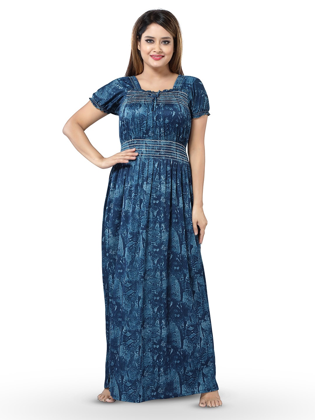 

SHOPPING STATION Floral Printed V-Neck Satin Nightdress, Blue