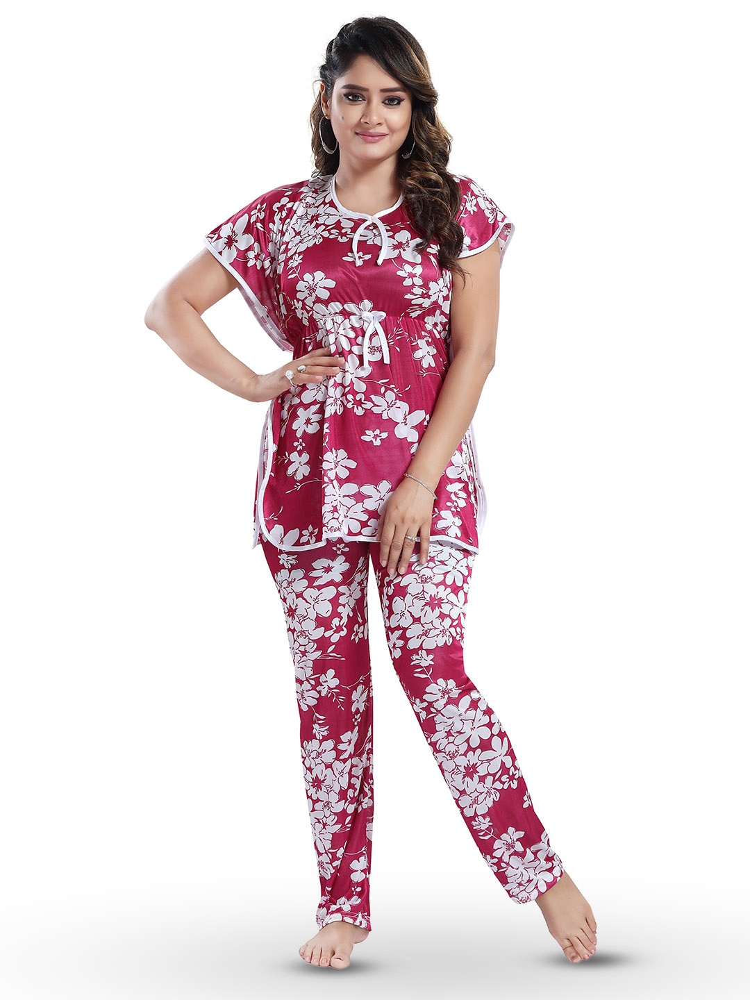 

SHOPPING STATION Floral Printed Satin Night Suit, Magenta