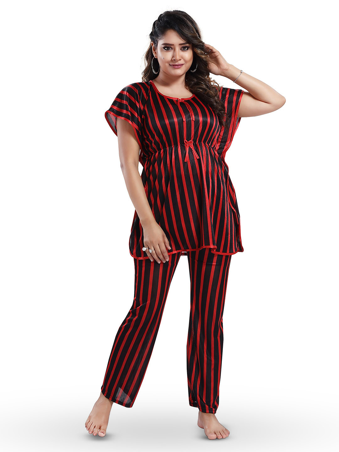 

SHOPPING STATION Striped Satin Night Suit, Red