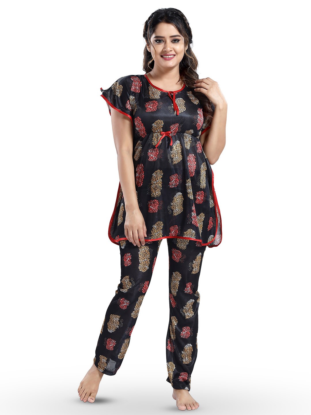 

SHOPPING STATION Animal Printed Satin Night Suit, Black