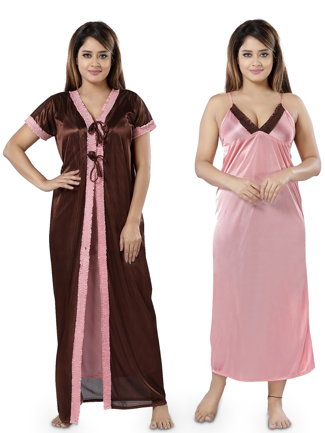 

SHOPPING STATION V Neck Lace Up Detail Maxi Nightdress With Robe, Pink