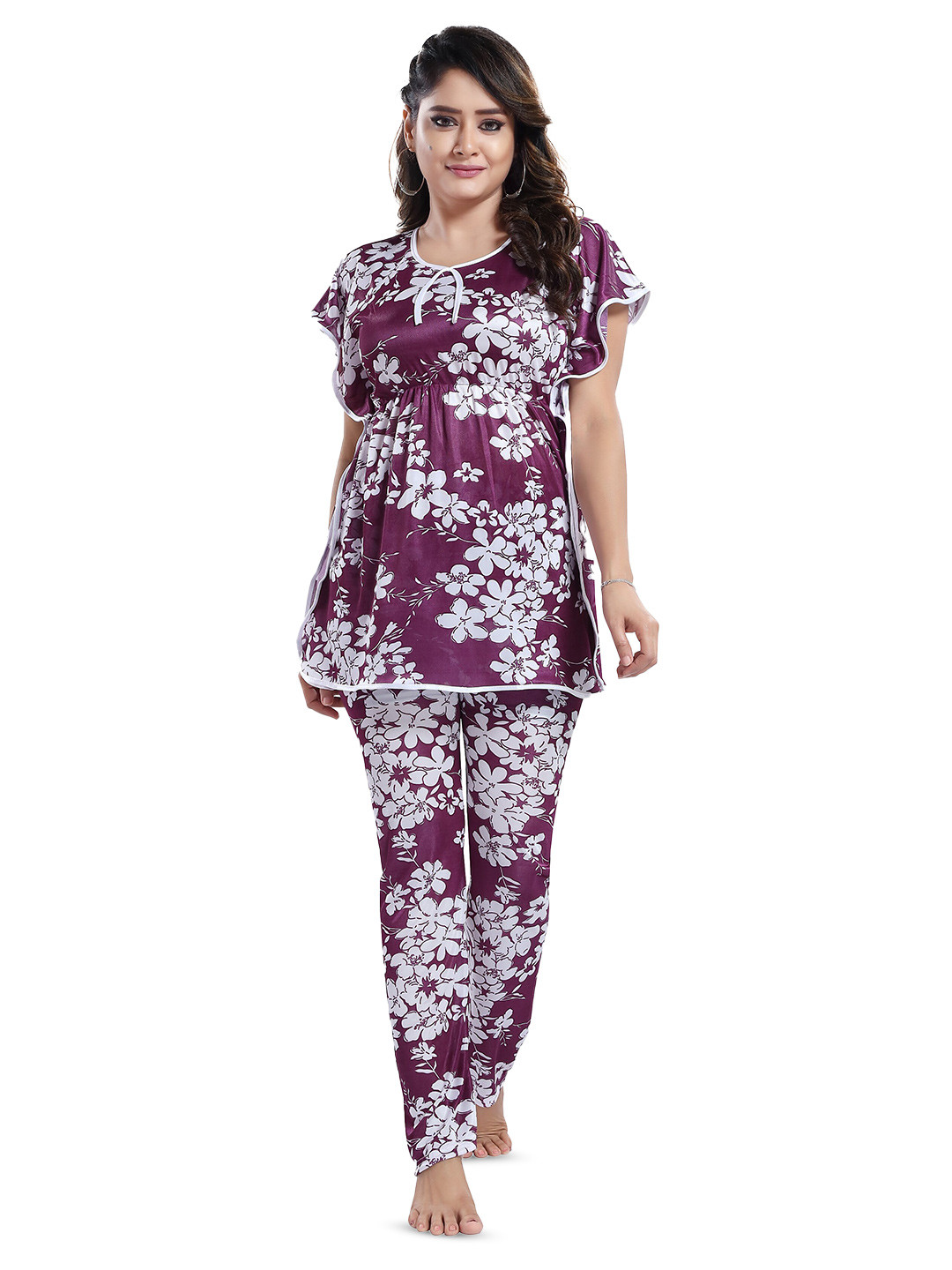 

SHOPPING STATION Floral Printed Satin Night Suit, Purple