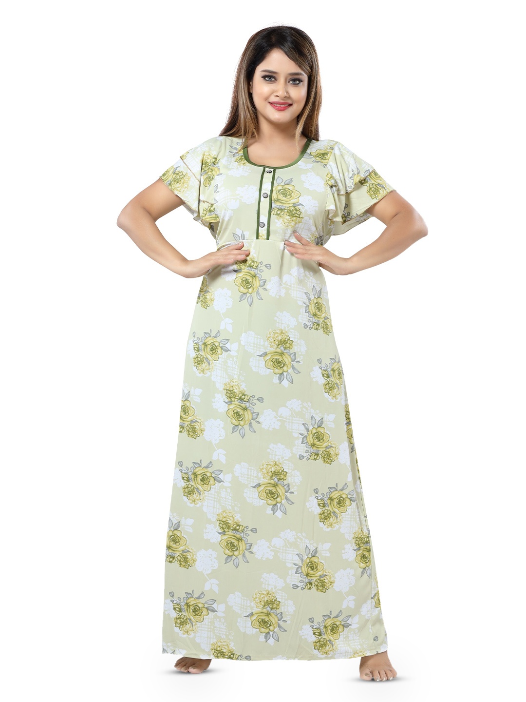 

SHOPPING STATION Floral Printed Satin Maxi Nightdress, Green