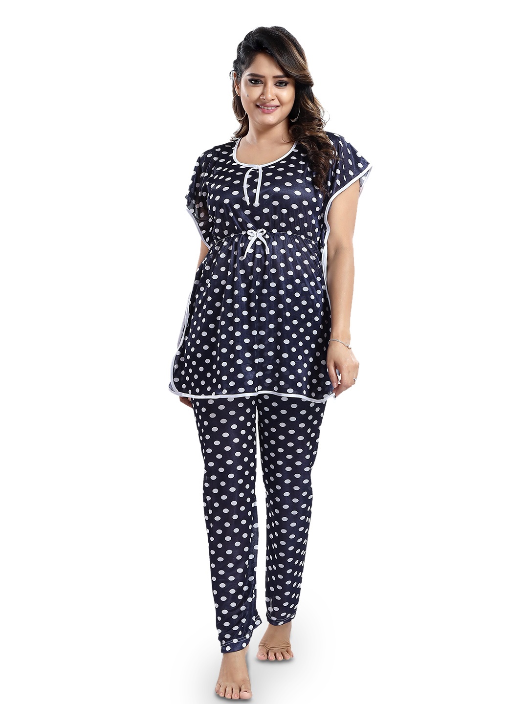 

SHOPPING STATION Polka Dots Printed Satin Night Suit, Navy blue