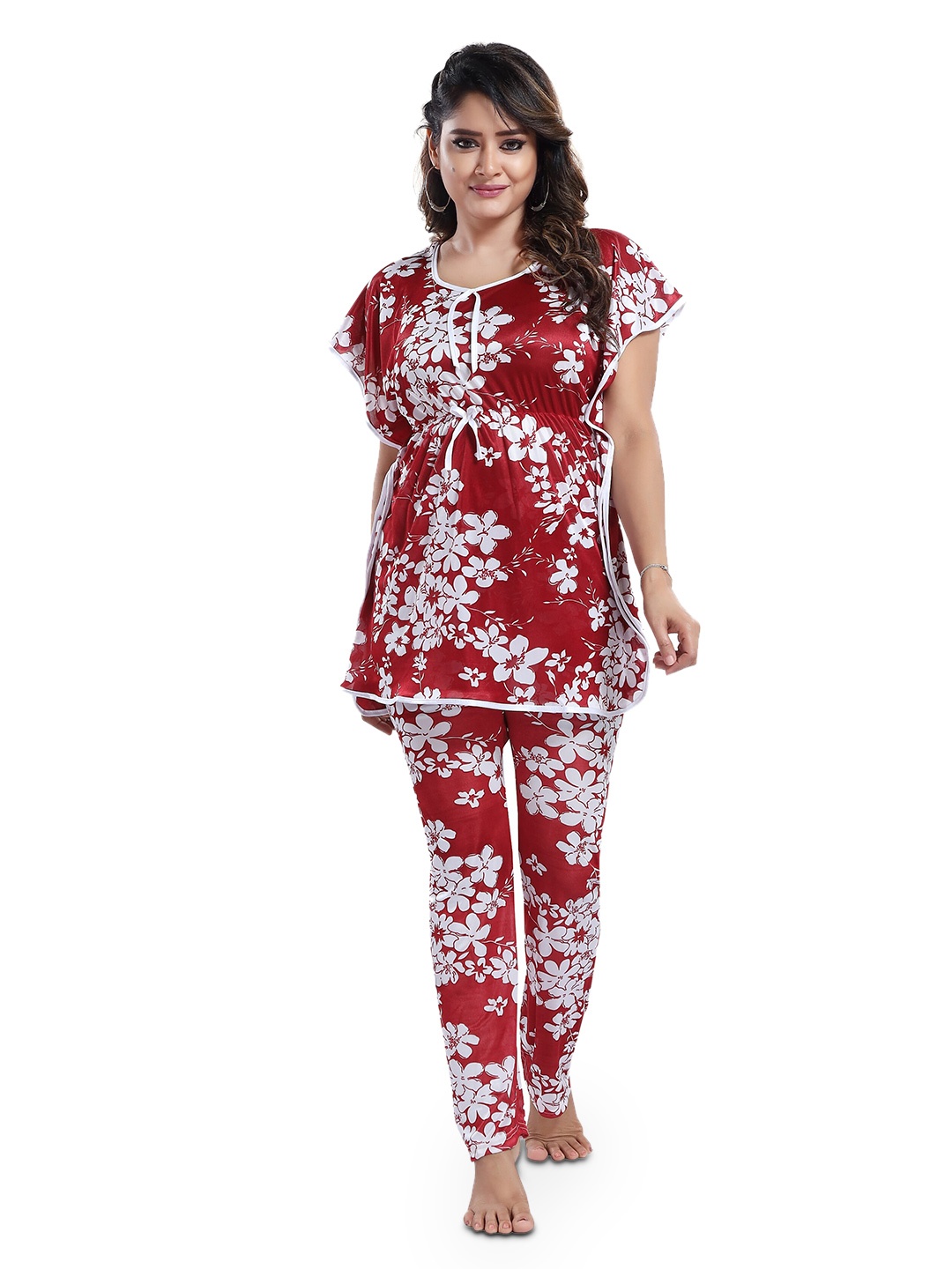 

SHOPPING STATION Floral Printed Satin Night Suit, Red