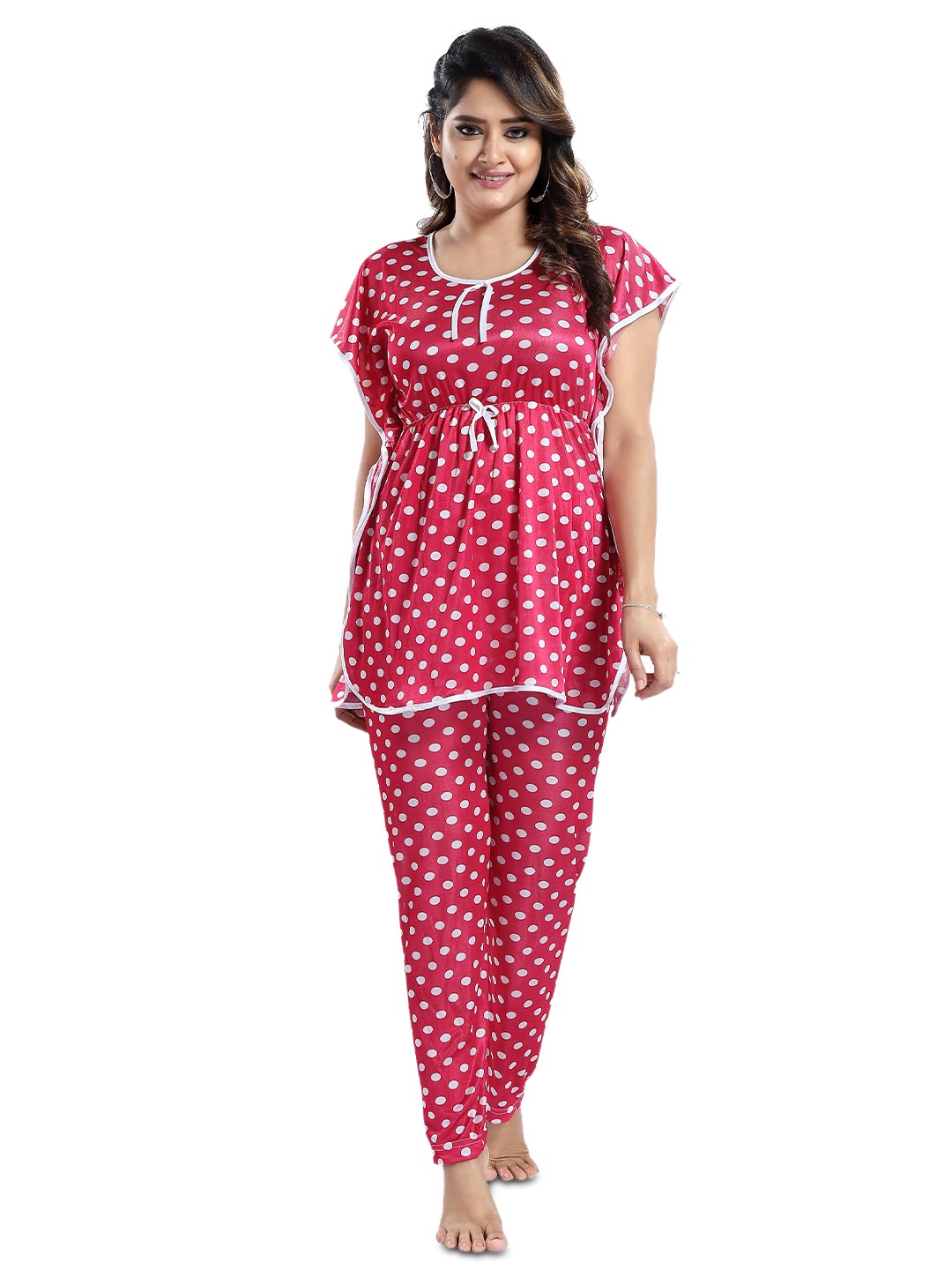 

SHOPPING STATION Polka Dots Printed Satin Night Suit, Pink