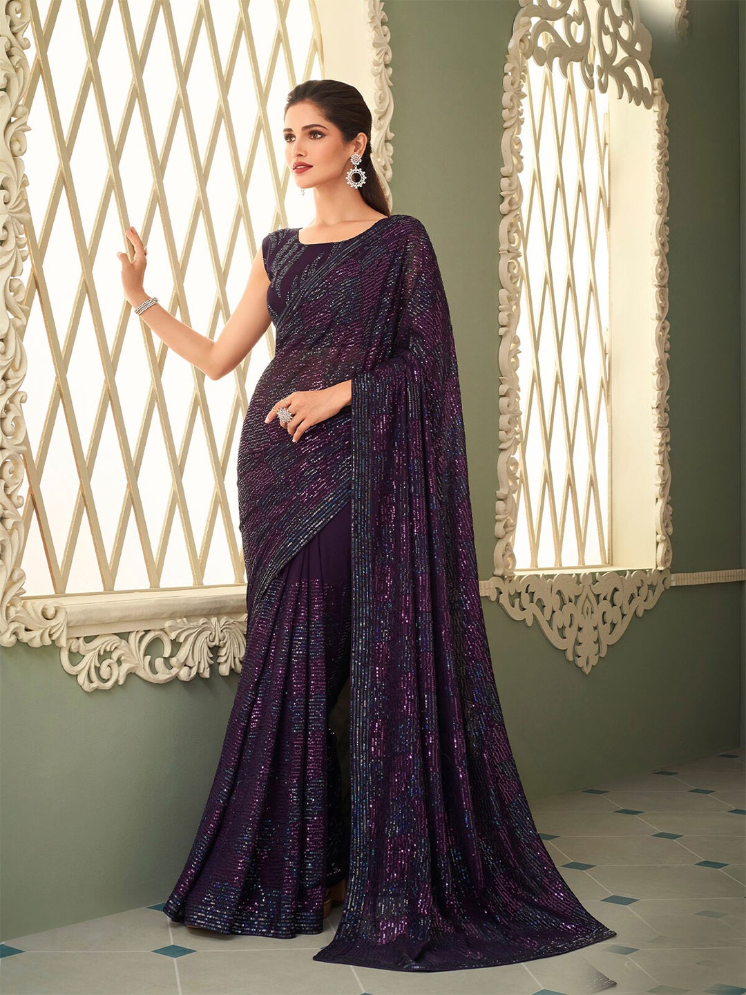 

ODETTE Embellished Poly Georgette Saree, Purple