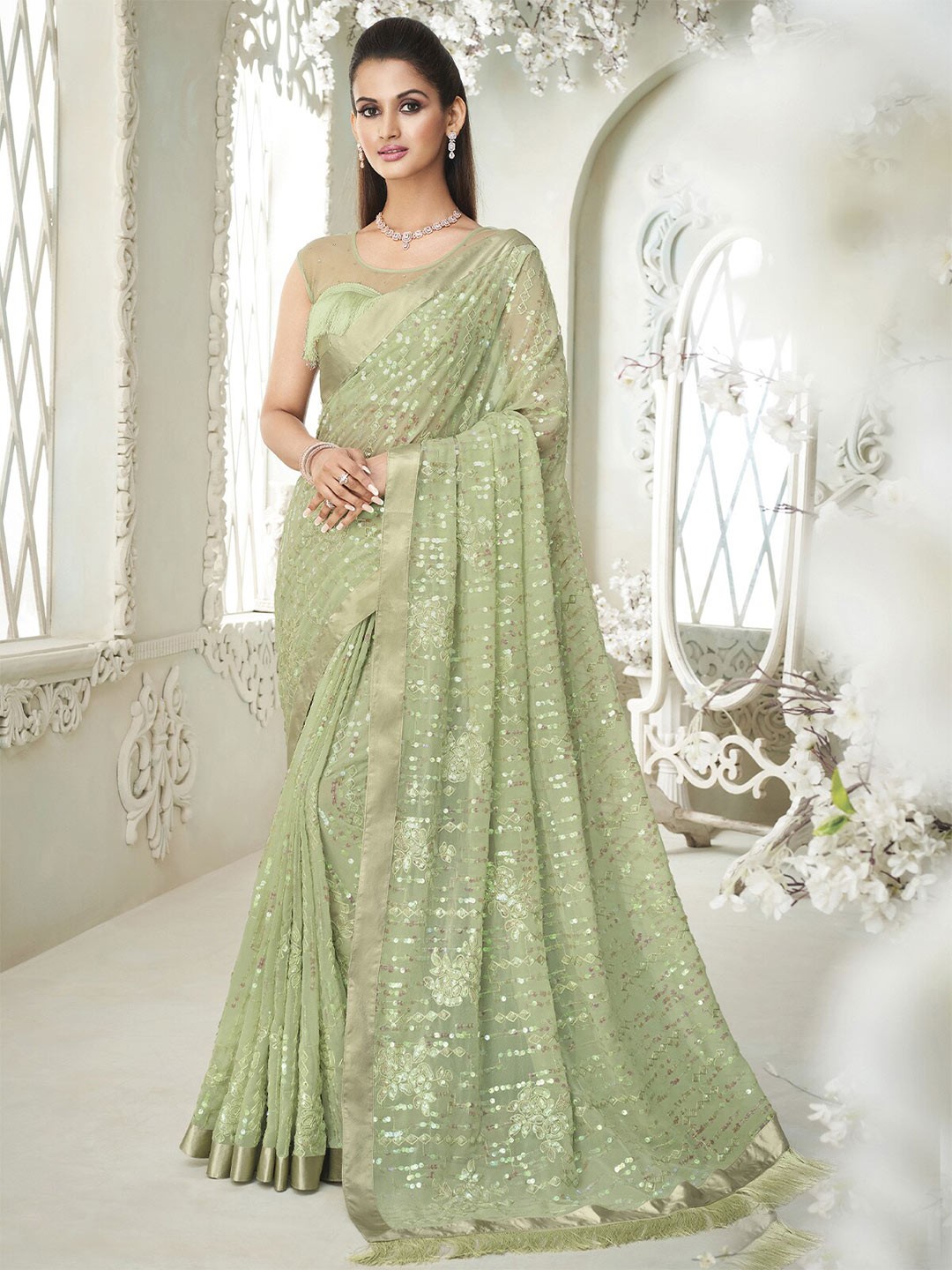 

ODETTE Heavy Sequins Embroidered Poly Georgette Saree, Green