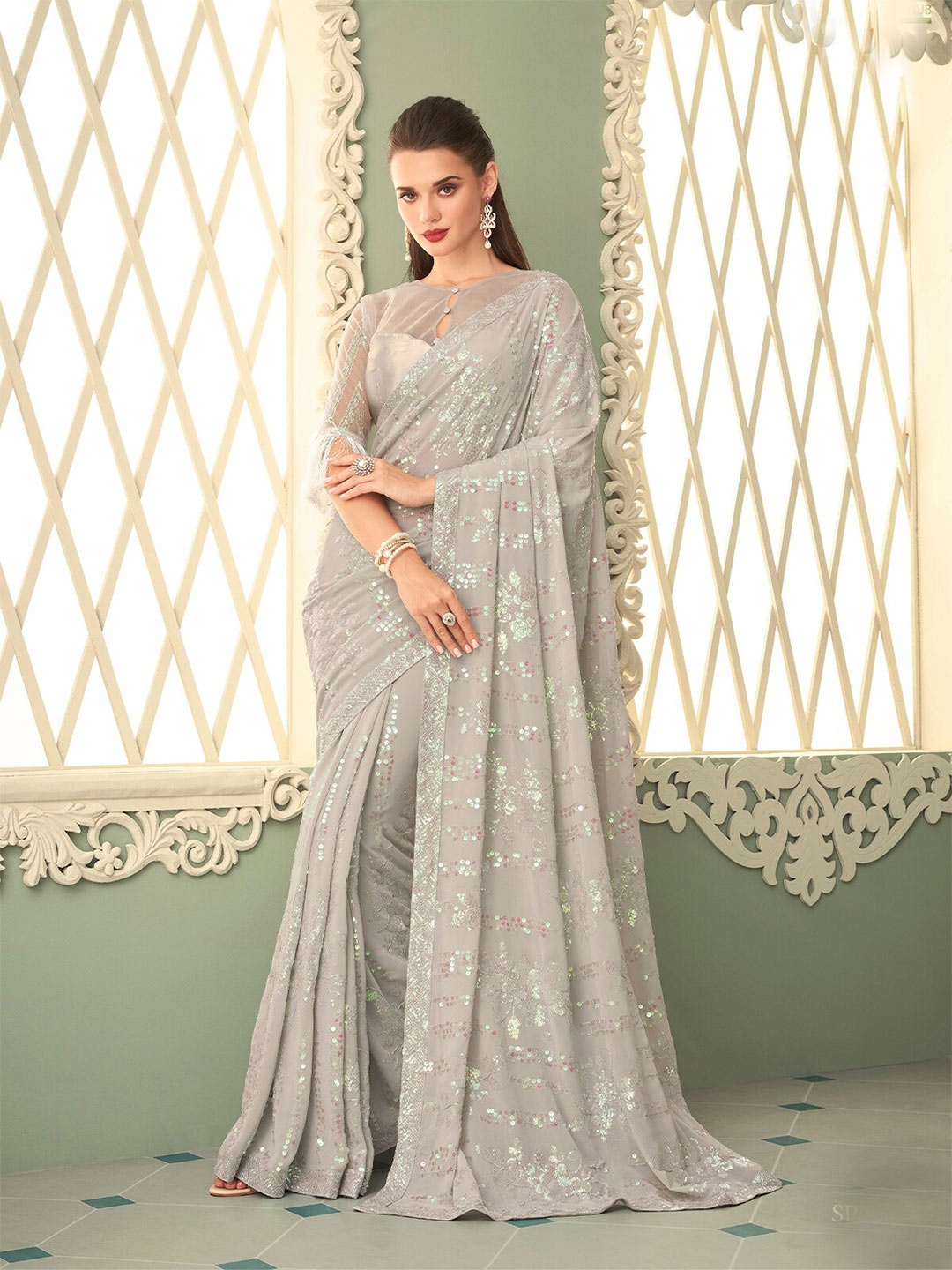 

ODETTE Floral Embellished Sequinned Saree, Grey