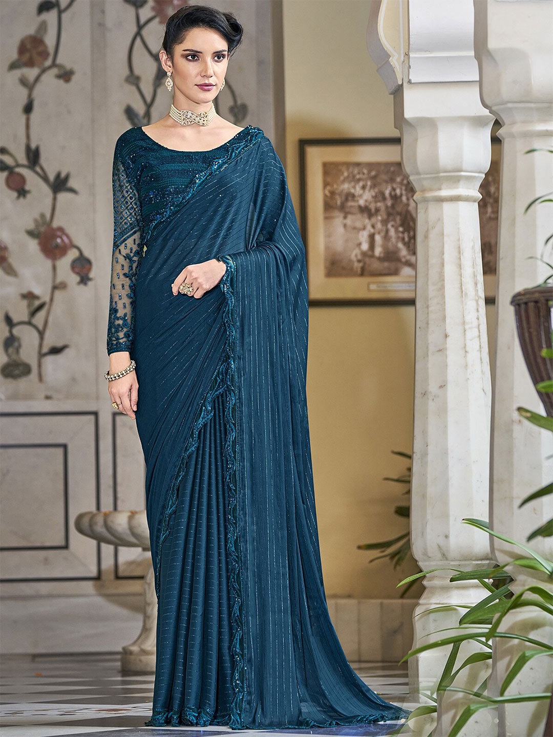 

ODETTE Striped Embellished Silk Blend Saree With Blouse Piece, Teal