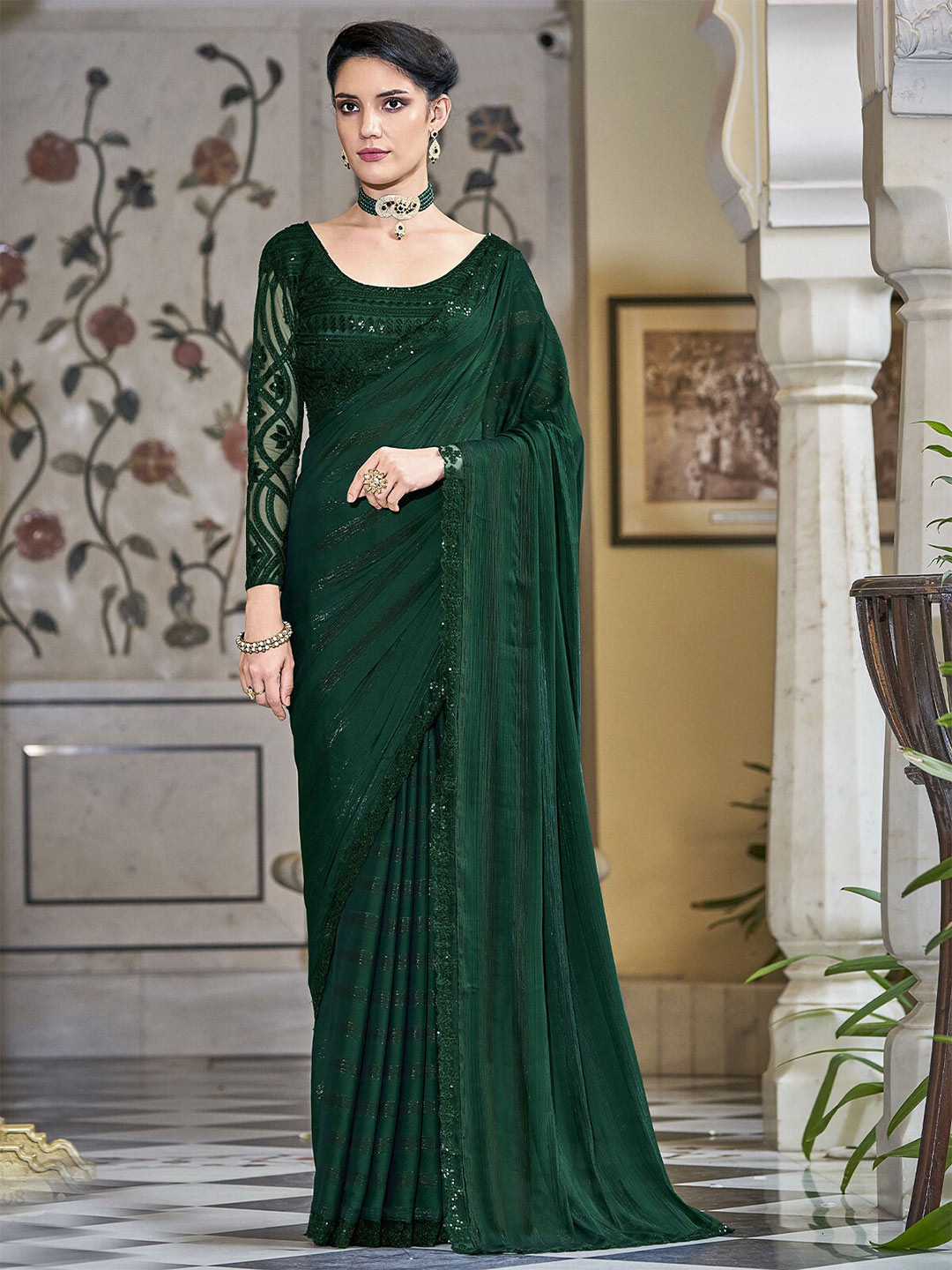 

ODETTE Silk Blend Saree, Green