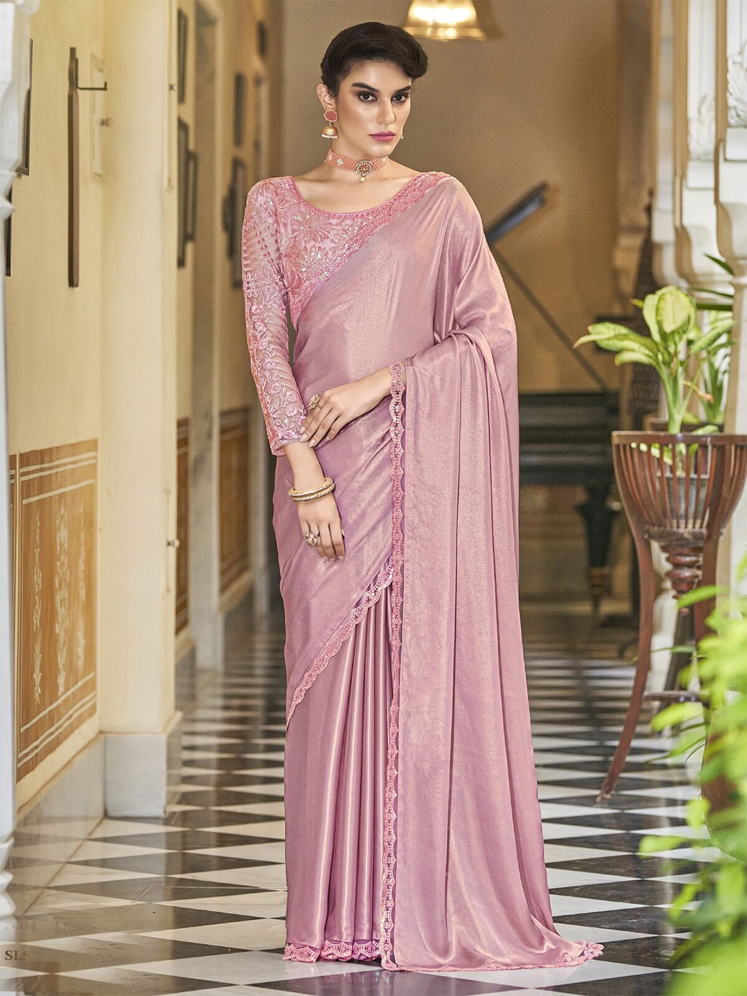 

ODETTE Embroidered Silk Blend Saree, Pink