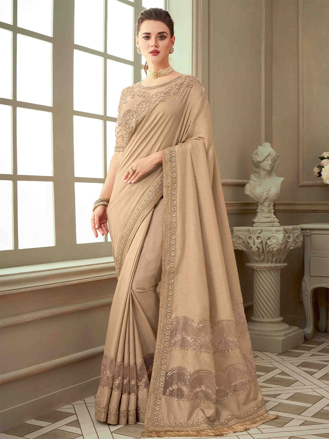 

ODETTE Floral Embroidered Border Saree With Unstitched Blouse, Beige