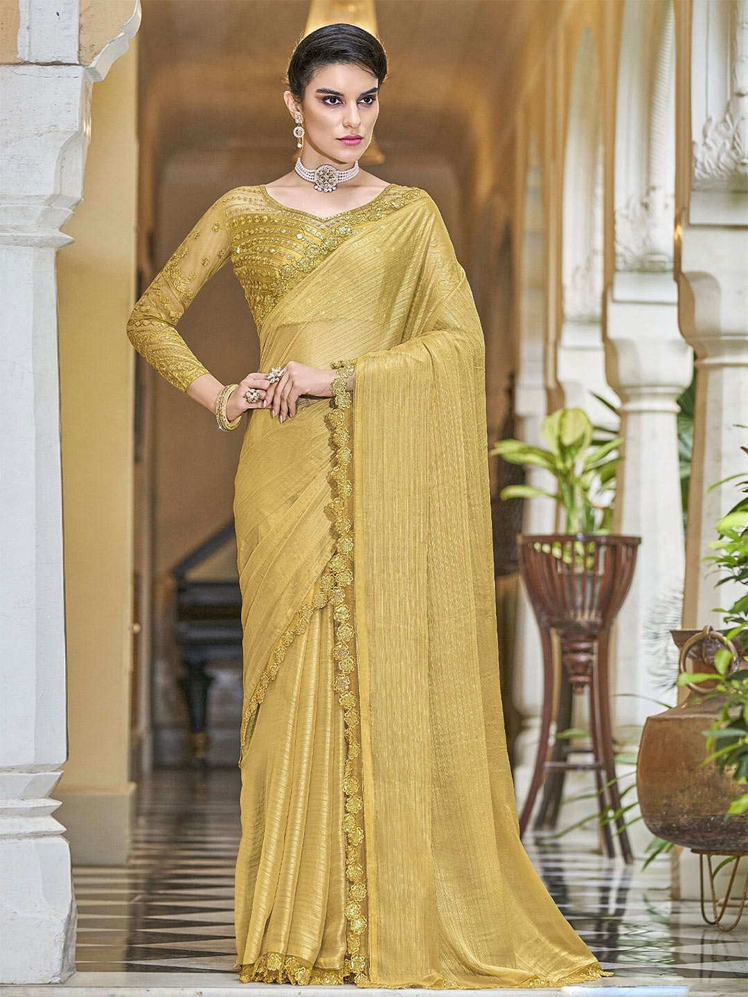 

ODETTE Striped Sequinned Silk Blend Saree, Beige