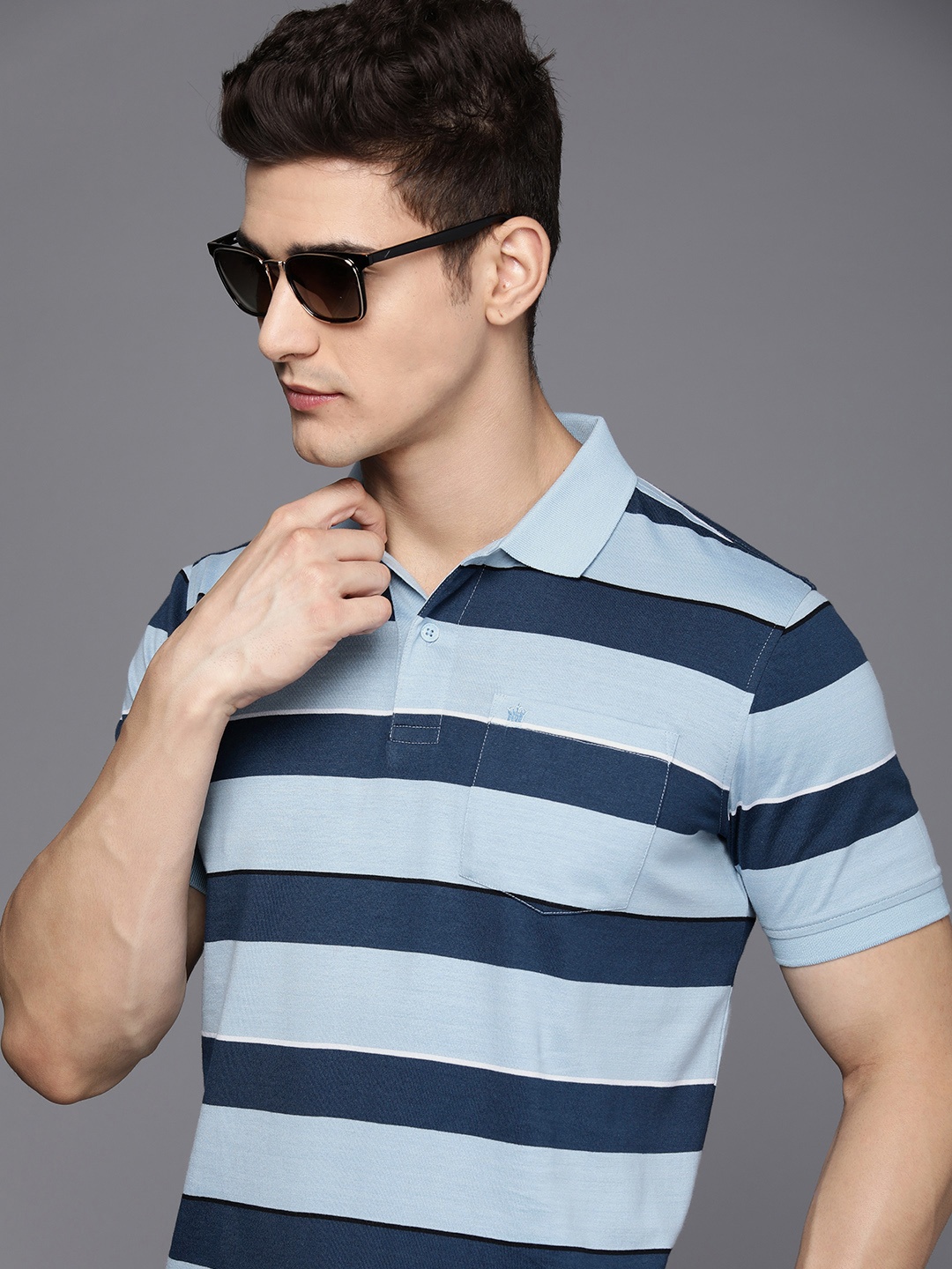 

Louis Philippe Striped Polo Collar Pure Cotton T-shirt, Turquoise blue