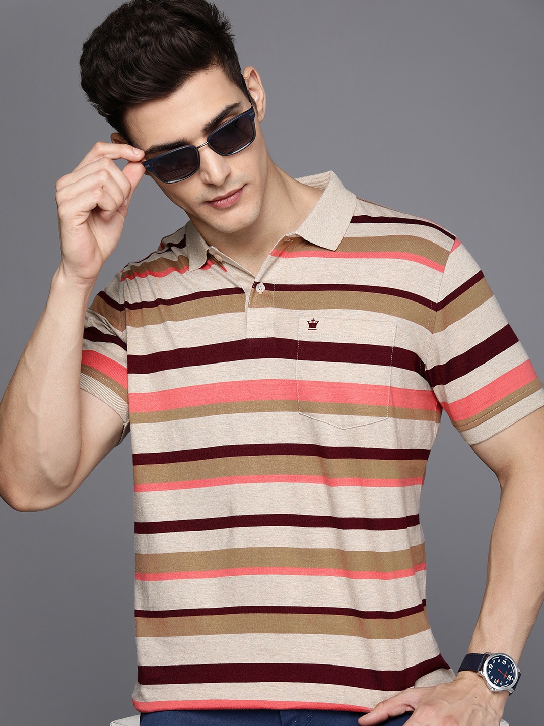 

Louis Philippe Striped Polo Collar Cotton T-shirt, Beige