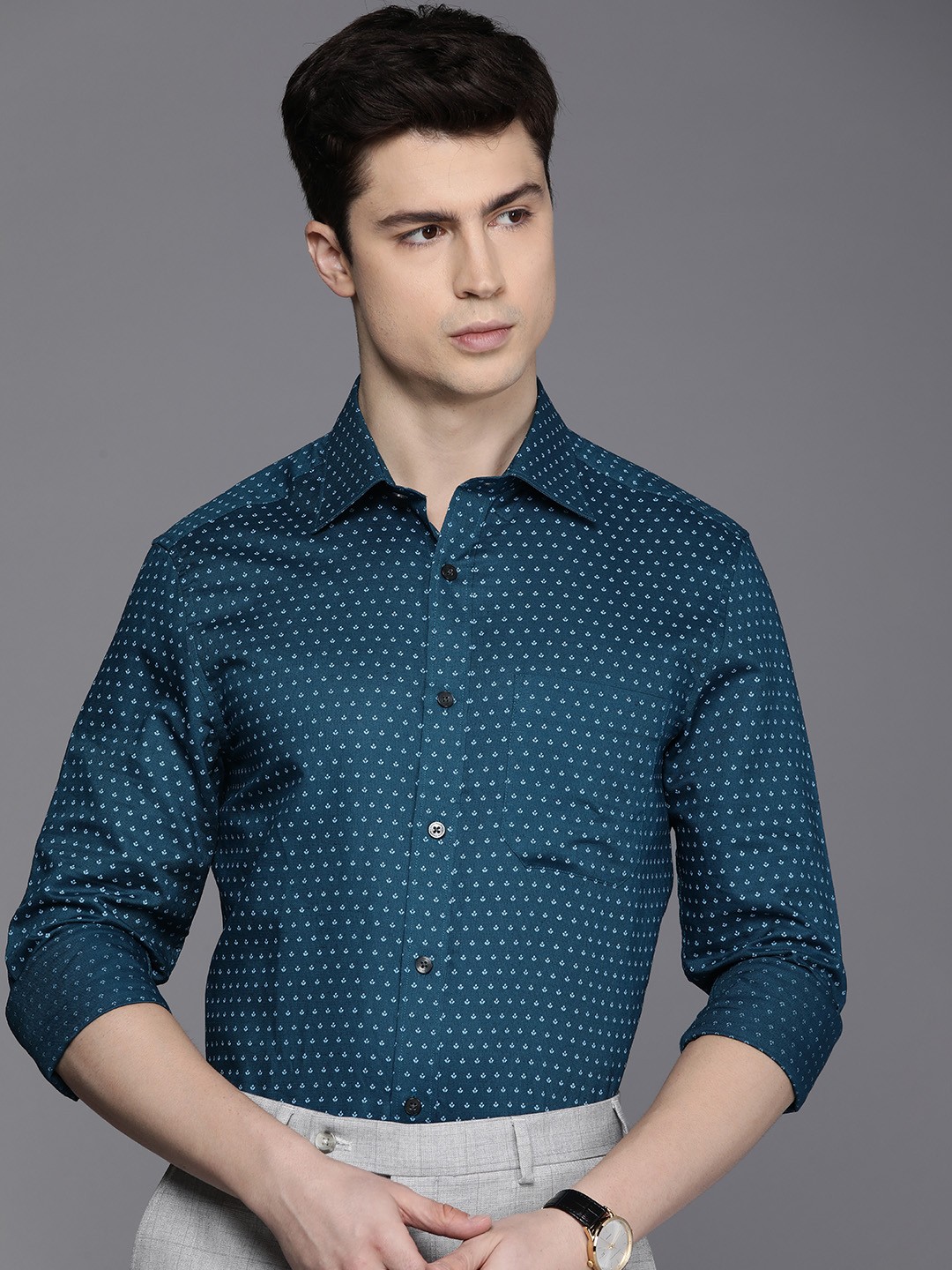 

Louis Philippe Men Opaque Printed Cotton Linen Formal Shirt, Teal