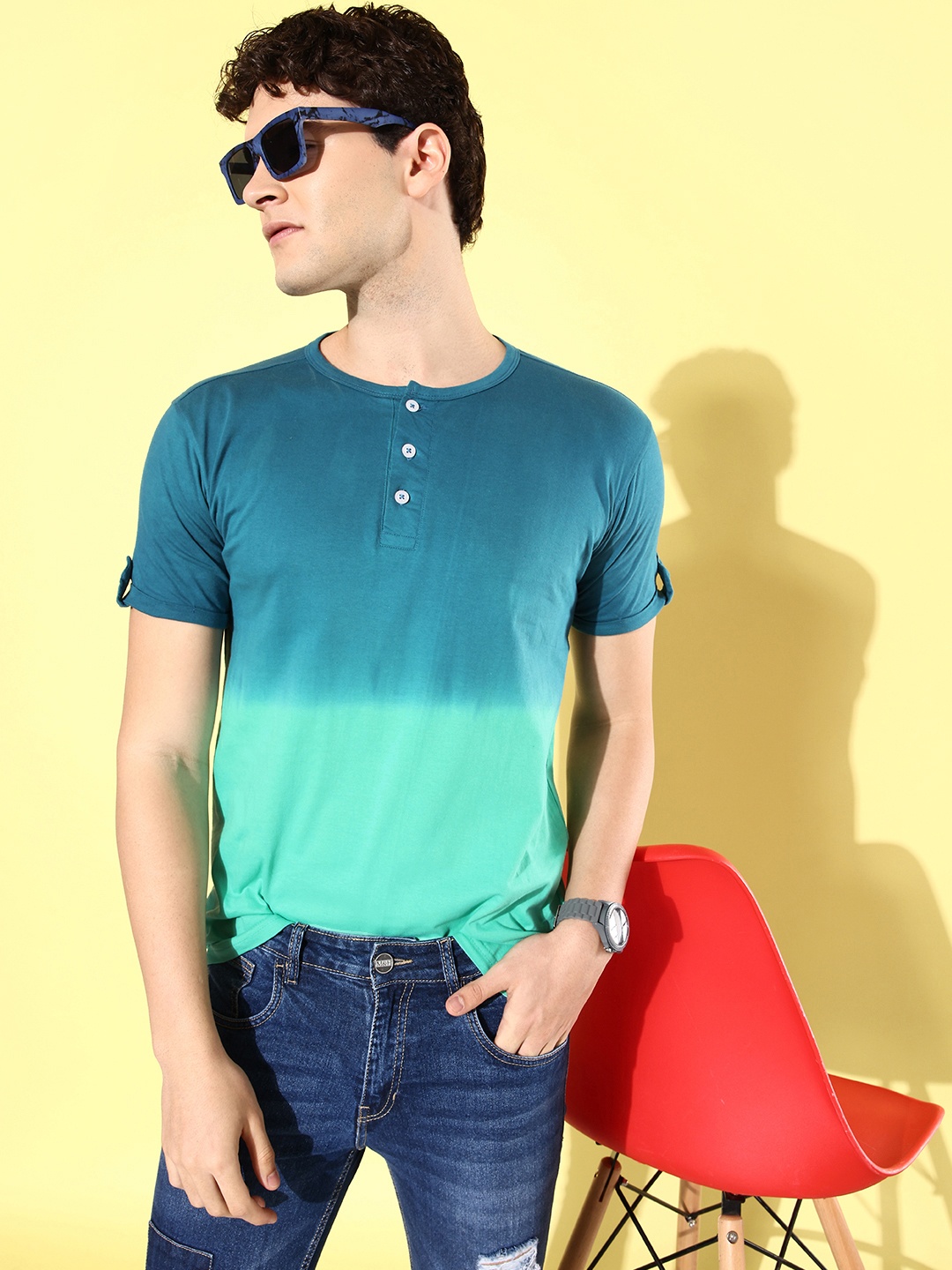 

CS LIFE Tie and Dye Henley Neck T-shirt, Green
