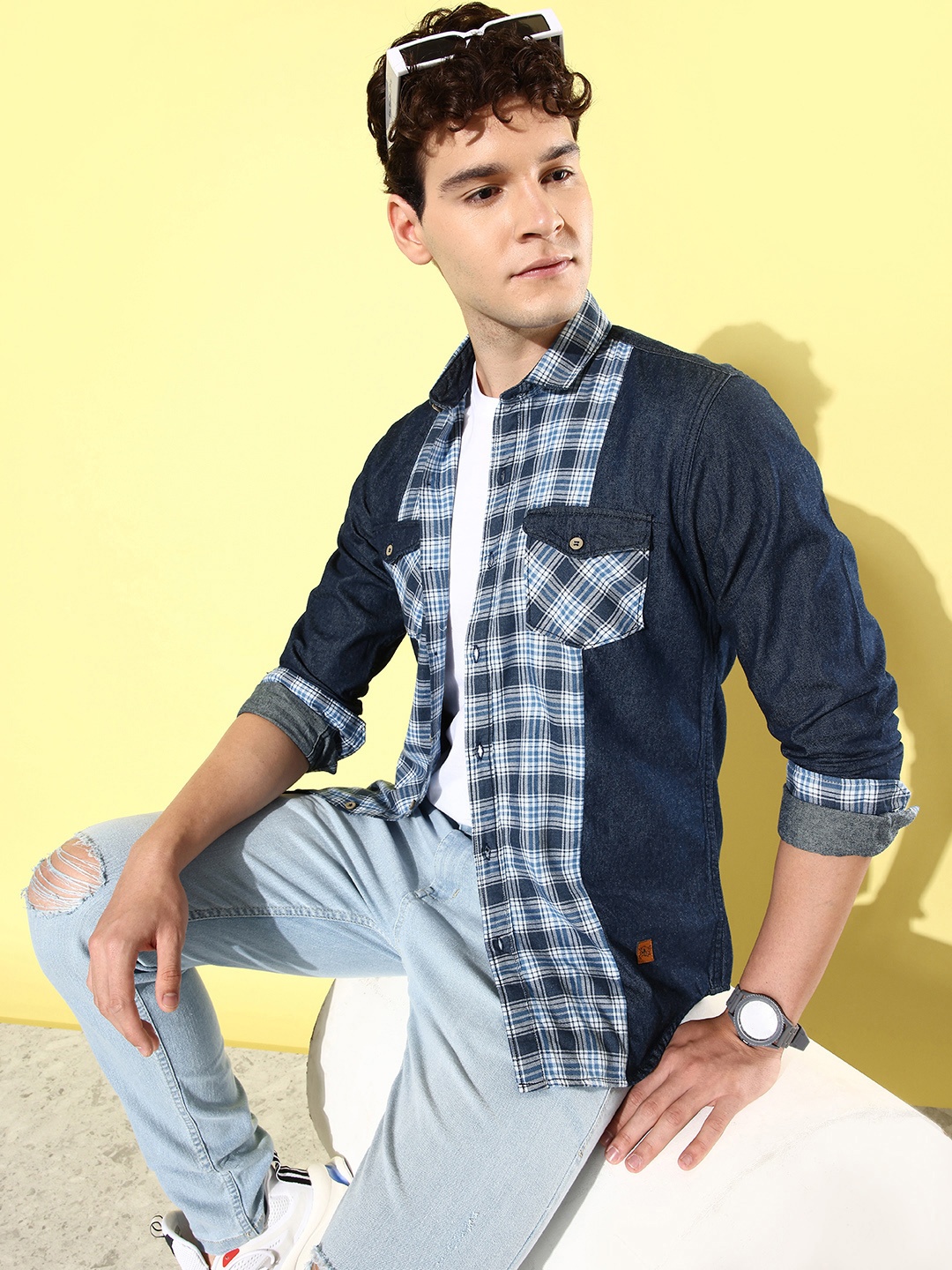

CS LIFE Classic Fit Checked Casual Shirt, Navy blue
