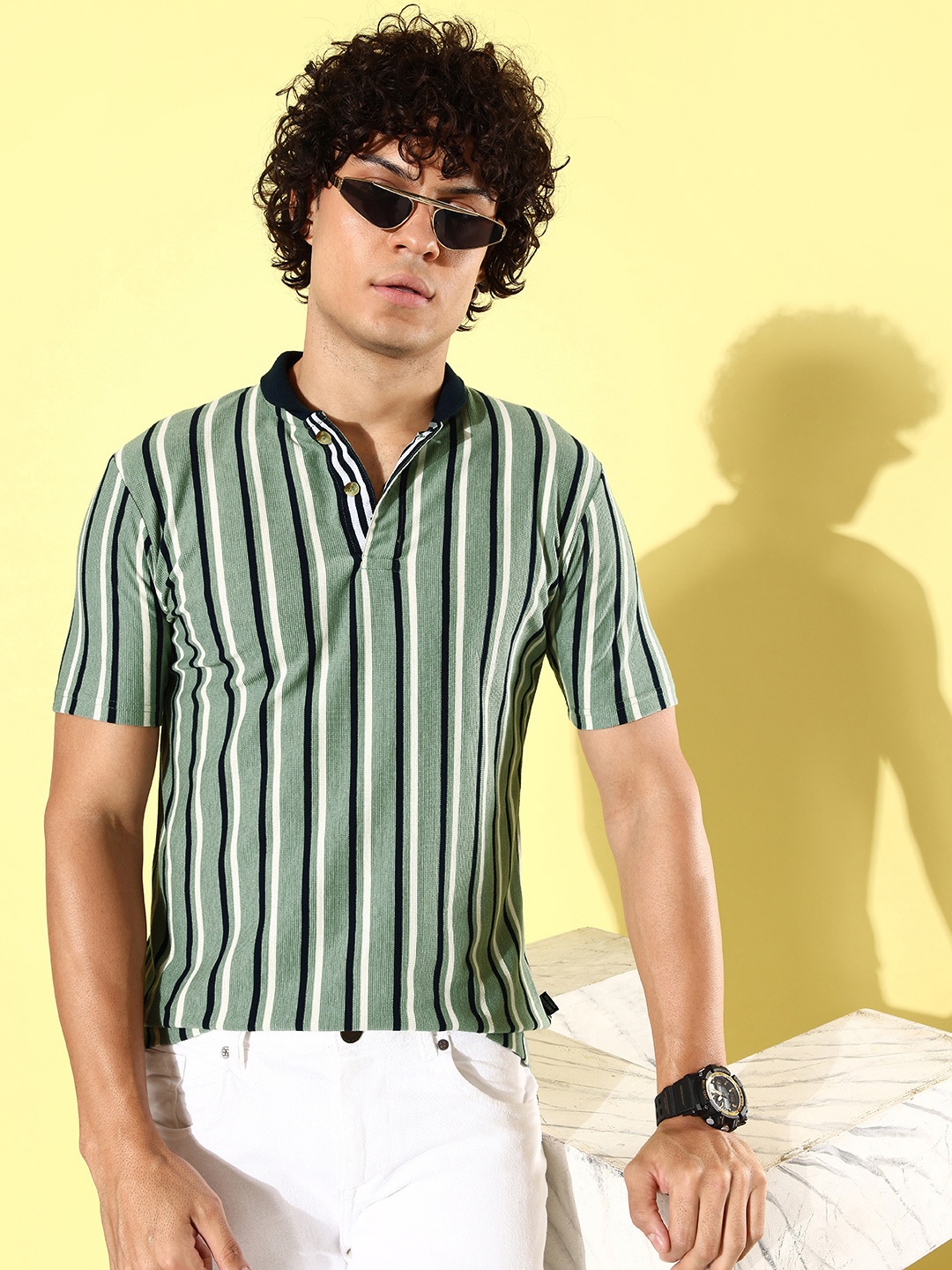 

CS LIFE Striped Polo Collar T-shirt, Green