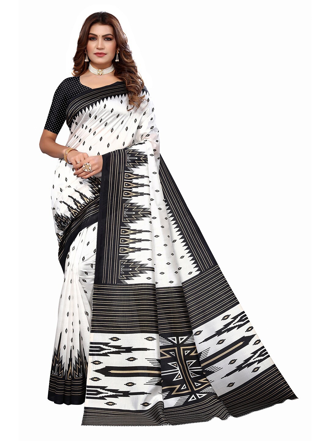 

KALINI Geometric Printed Saree, White