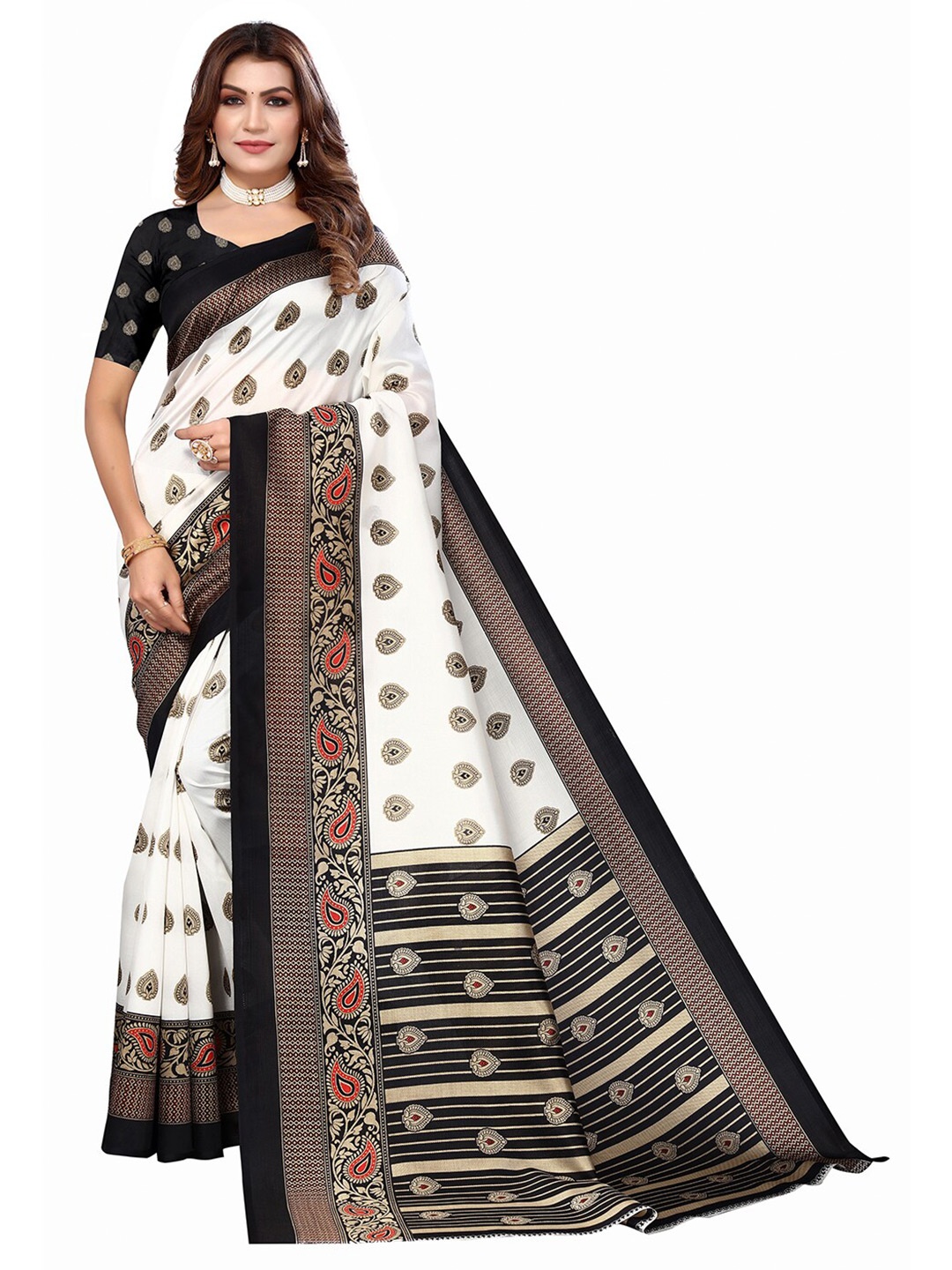

KALINI Ethnic Motifs Woven Design Zari Saree, White