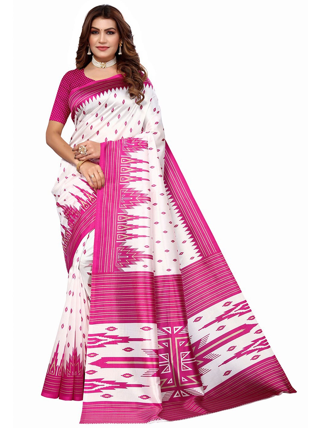 

KALINI Printed Art Silk Saree, White