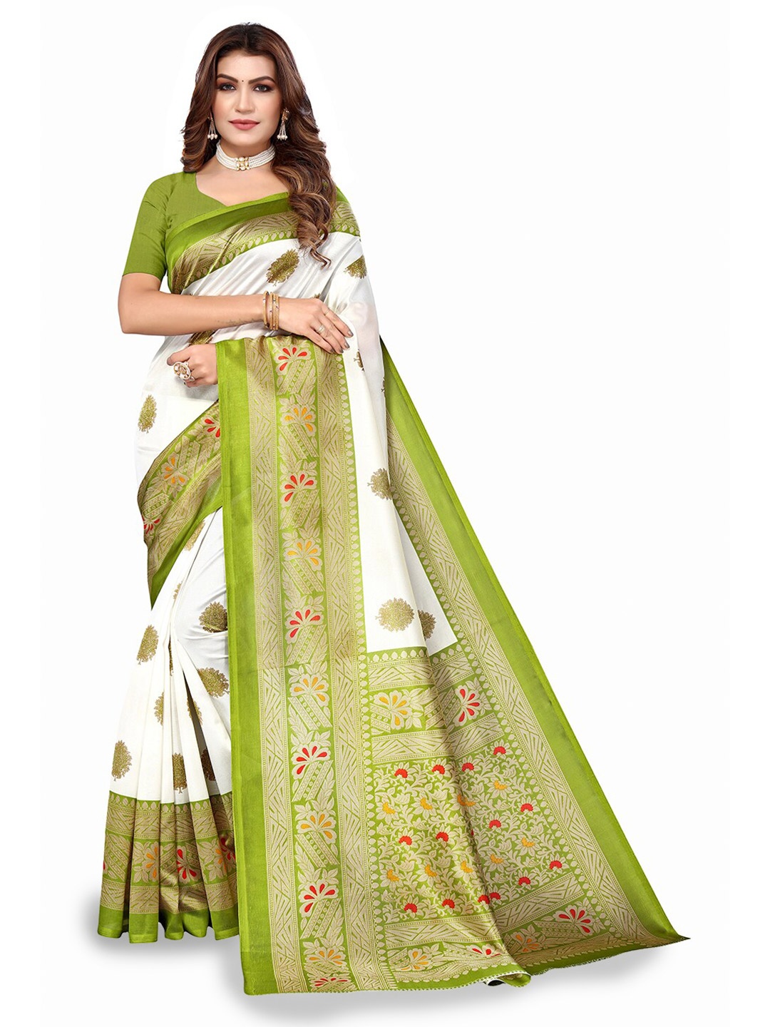 

KALINI Ethnic Motifs Woven Design Zari Saree, White