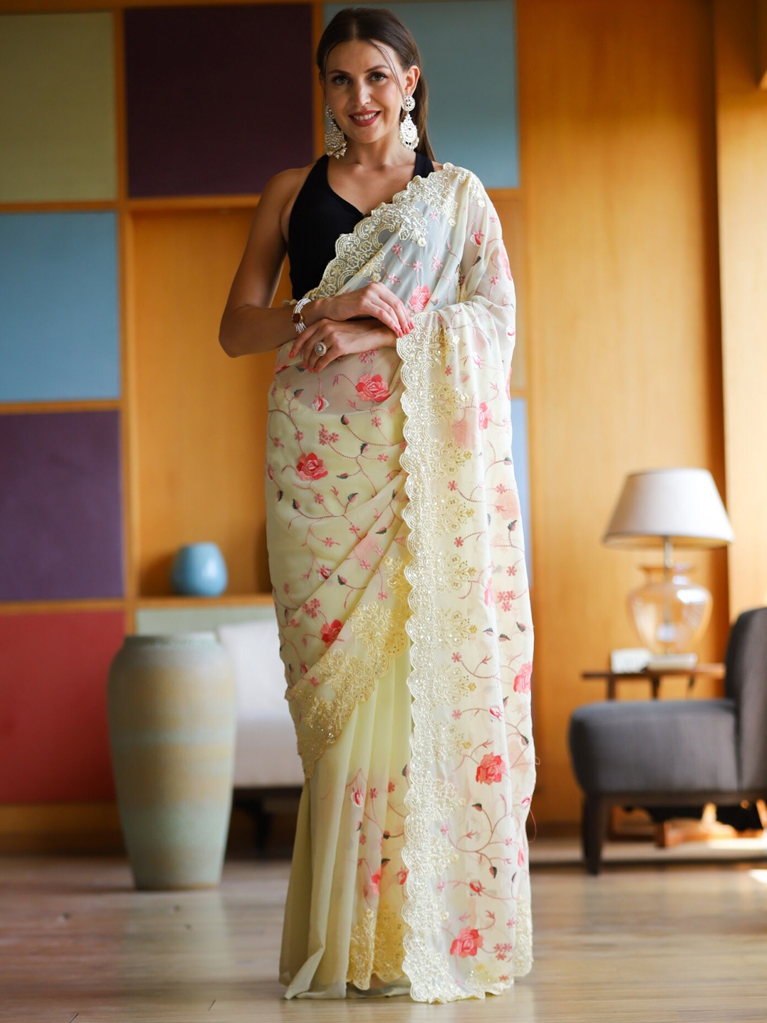 

Exclusiva Floral Embroidered Saree, Yellow