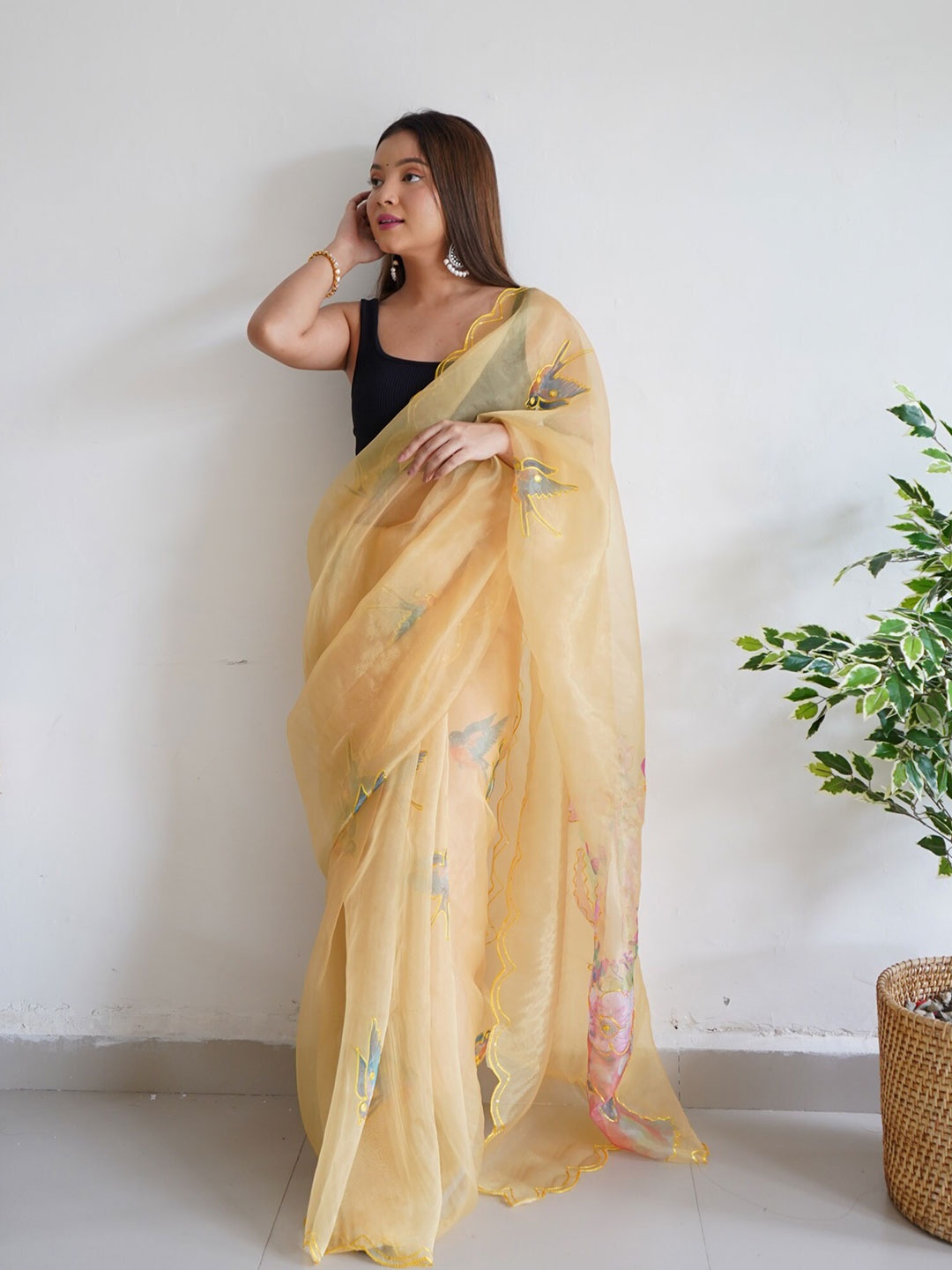 

Exclusiva Floral Printed Mirror Worked Organza Saree, Beige