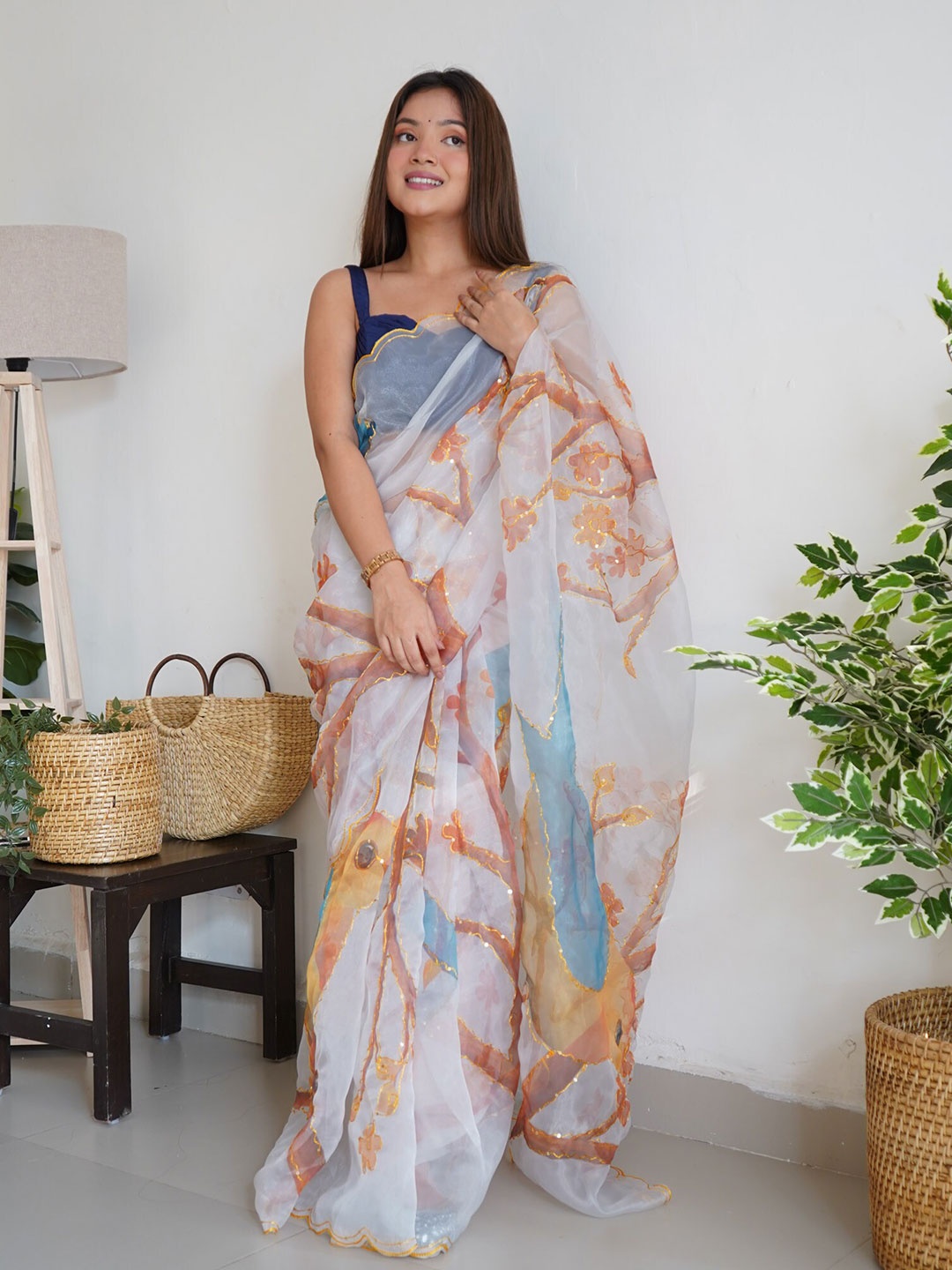 

Exclusiva Floral Printed Embroidered Organza Saree, White