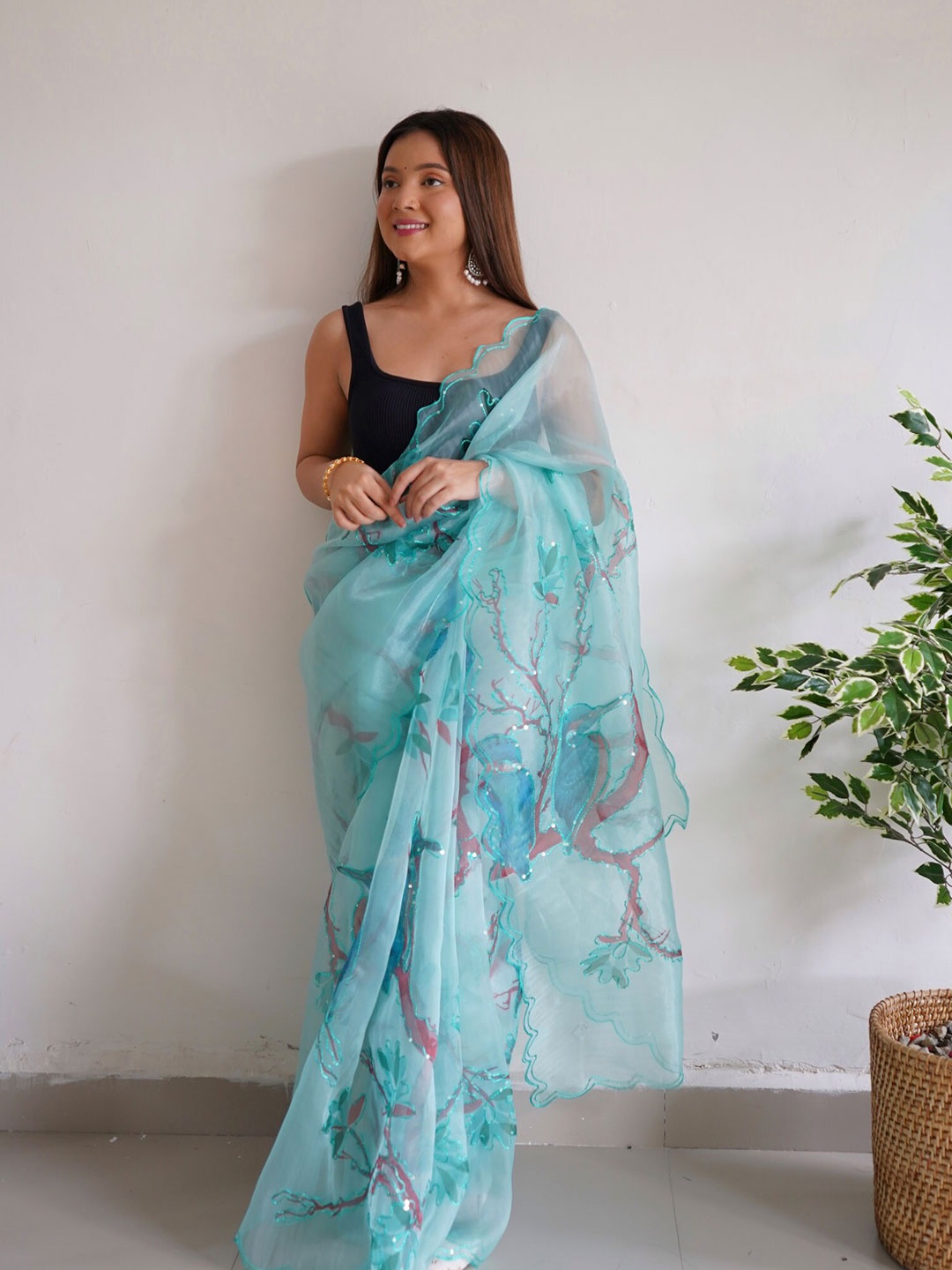 

Exclusiva Floral Embroidered Sequined Organza Saree, Blue