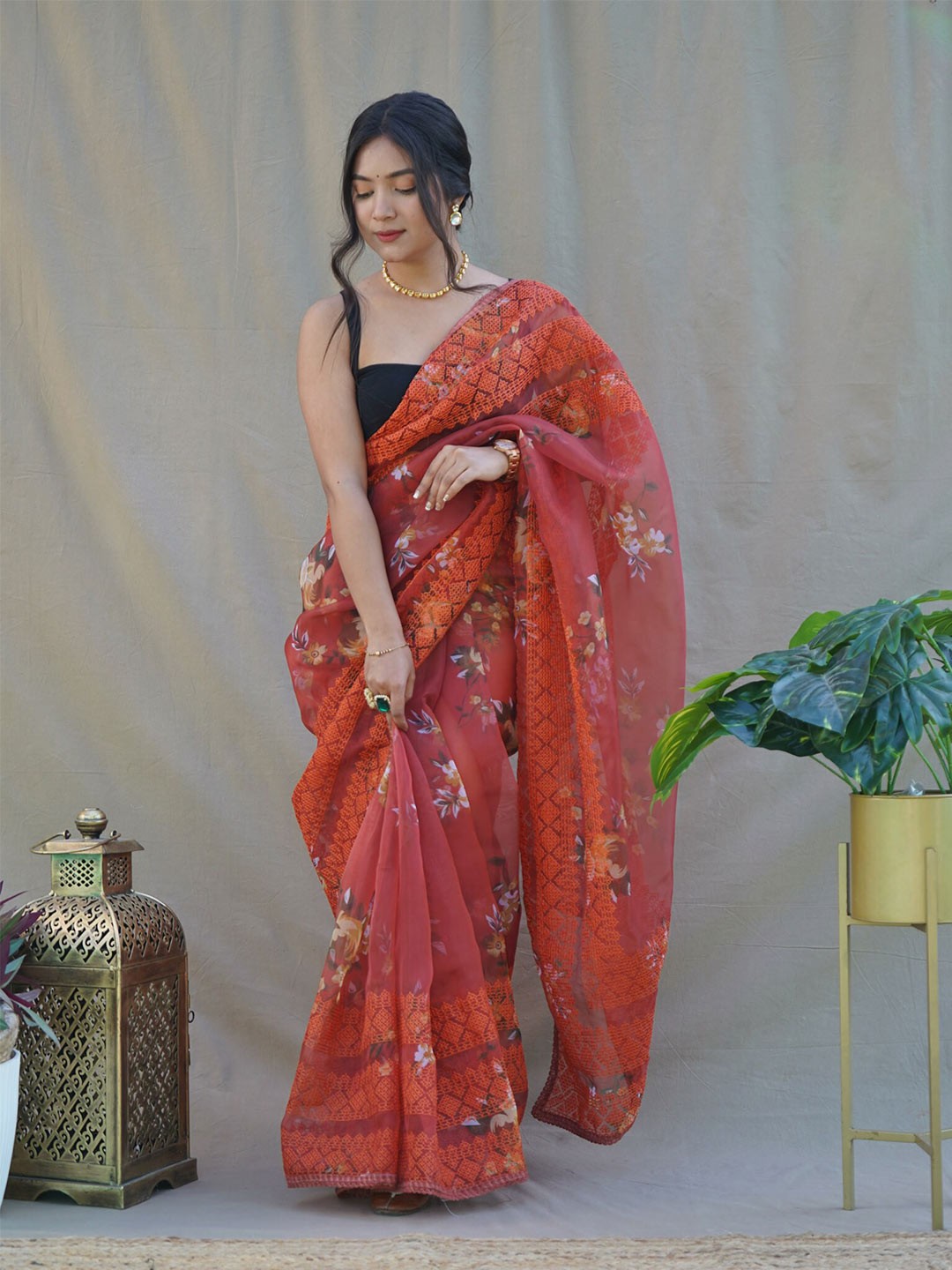 

Exclusiva Floral Printed Embroidered Organza Saree, Orange