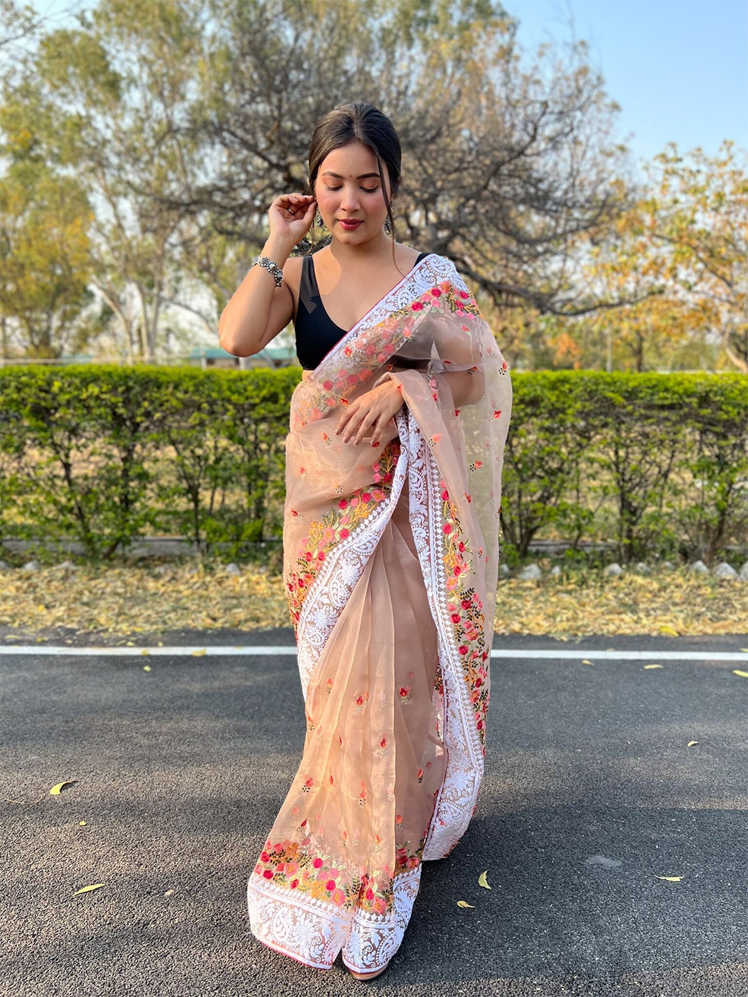 

Exclusiva Embroidered Organza Saree, Brown