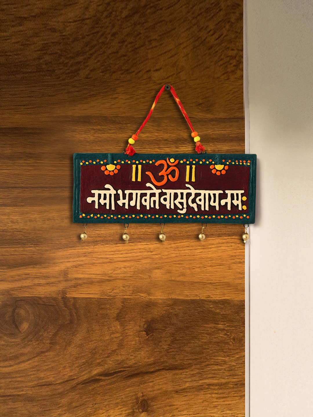 ExclusiveLane Maroon & Green Vishnu Mantra Printed Terracotta Wall Hanging
