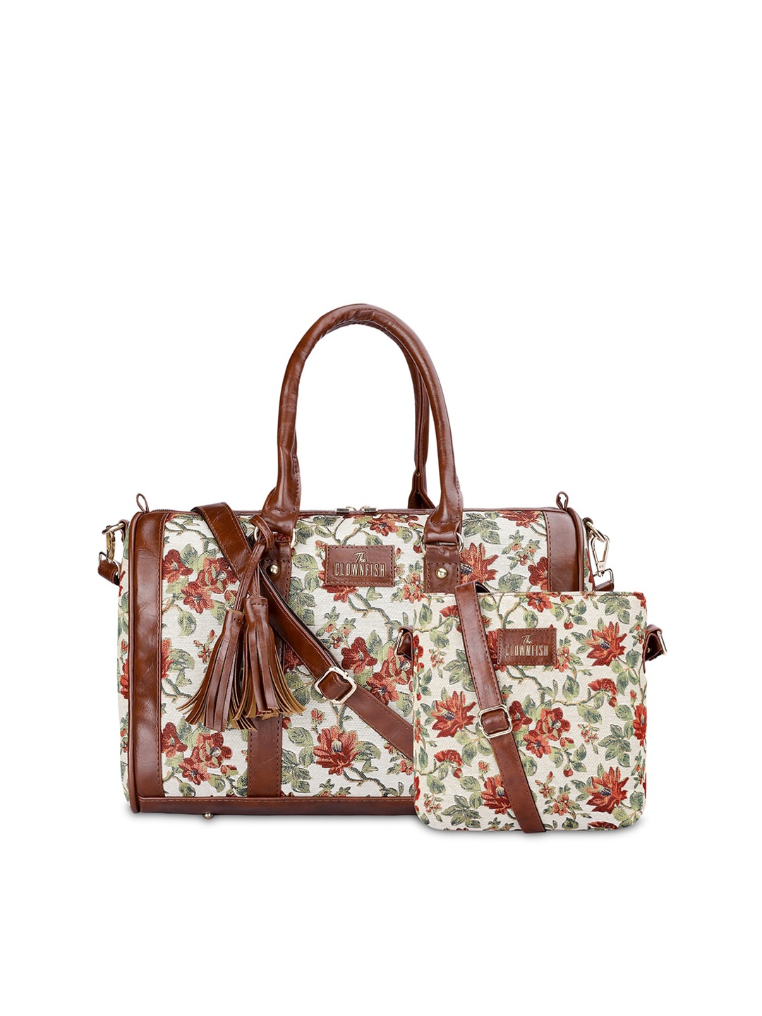 

THE CLOWNFISH Linda & Lorna Pack Of 2 Floral Printed Leather Structured Handheld Bag, Coffee brown