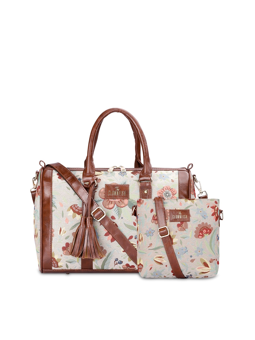 

THE CLOWNFISH Linda & Lorna Pack Of 2 Floral Printed Leather Structured Handheld Bag, Coffee brown