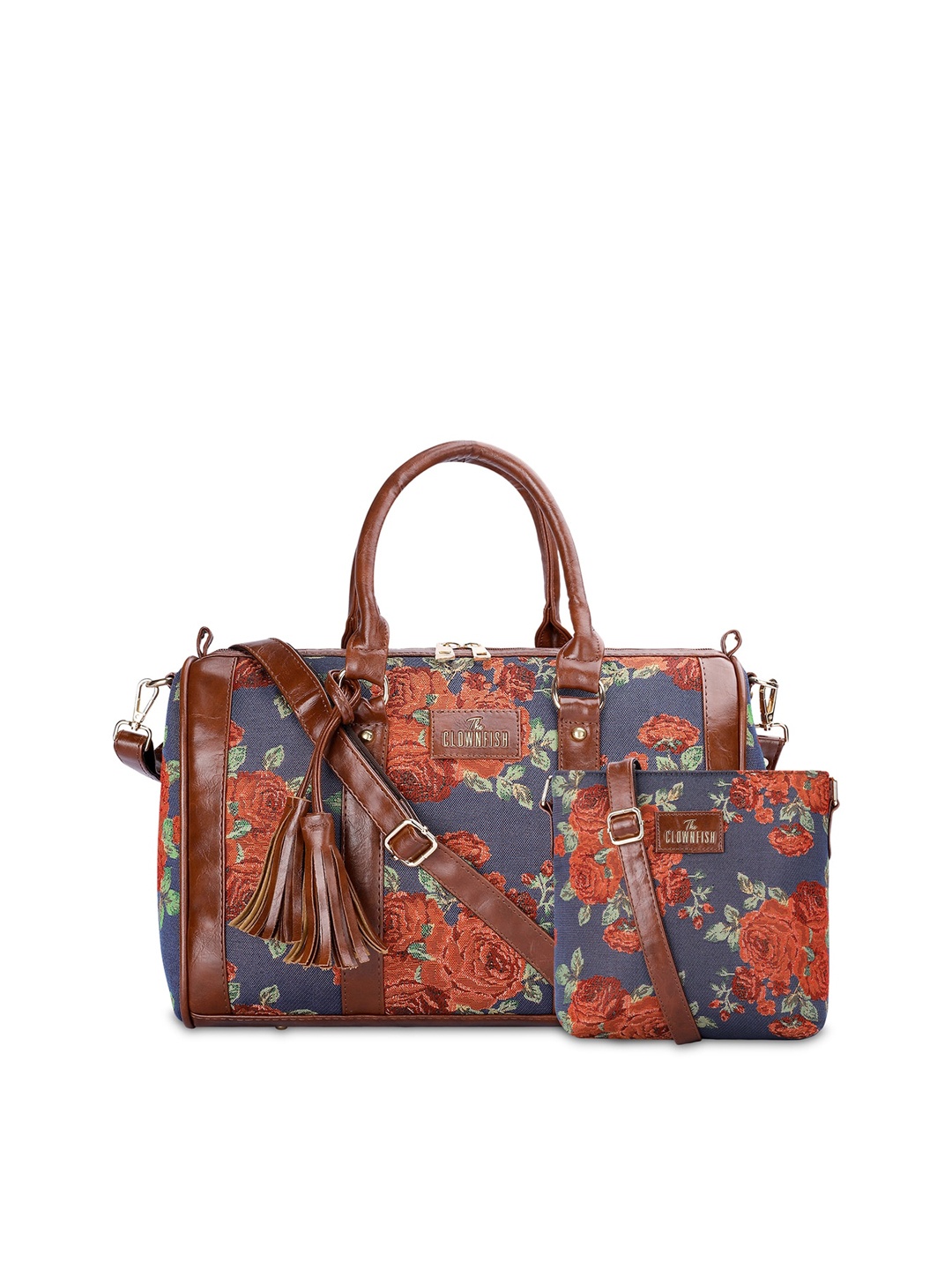 

THE CLOWNFISH Linda & Lorna Set Of 2 Floral Leather Tasselled Handheld Bag with Sling Bag, Navy blue